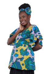 Woman wearing African print wrap top with 3/4 sleeves double layered – cotton, one size,  – Ankara inspired