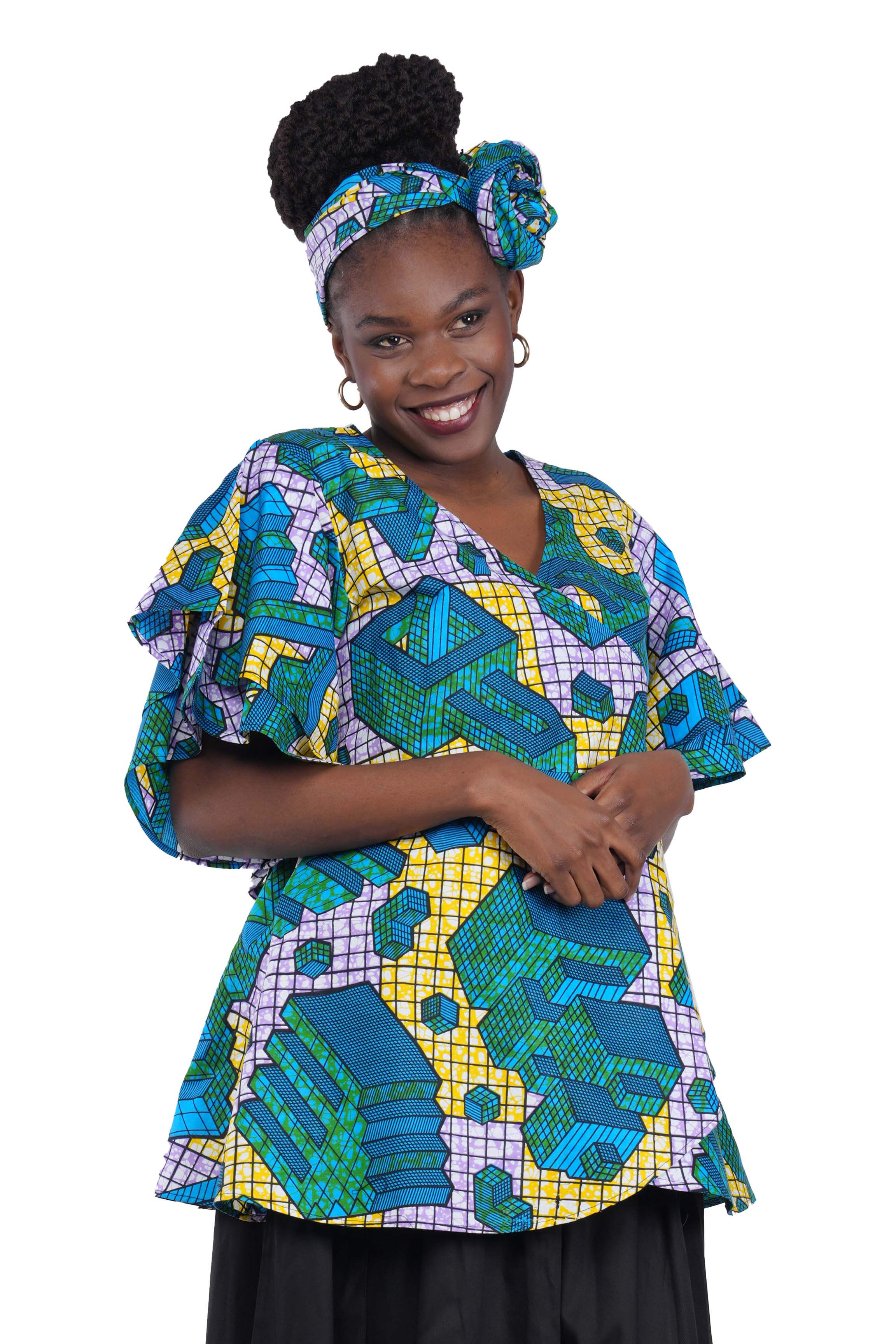 Woman wearing African print wrap top with 3/4 sleeves double layered – cotton, one size,  – Ankara inspired