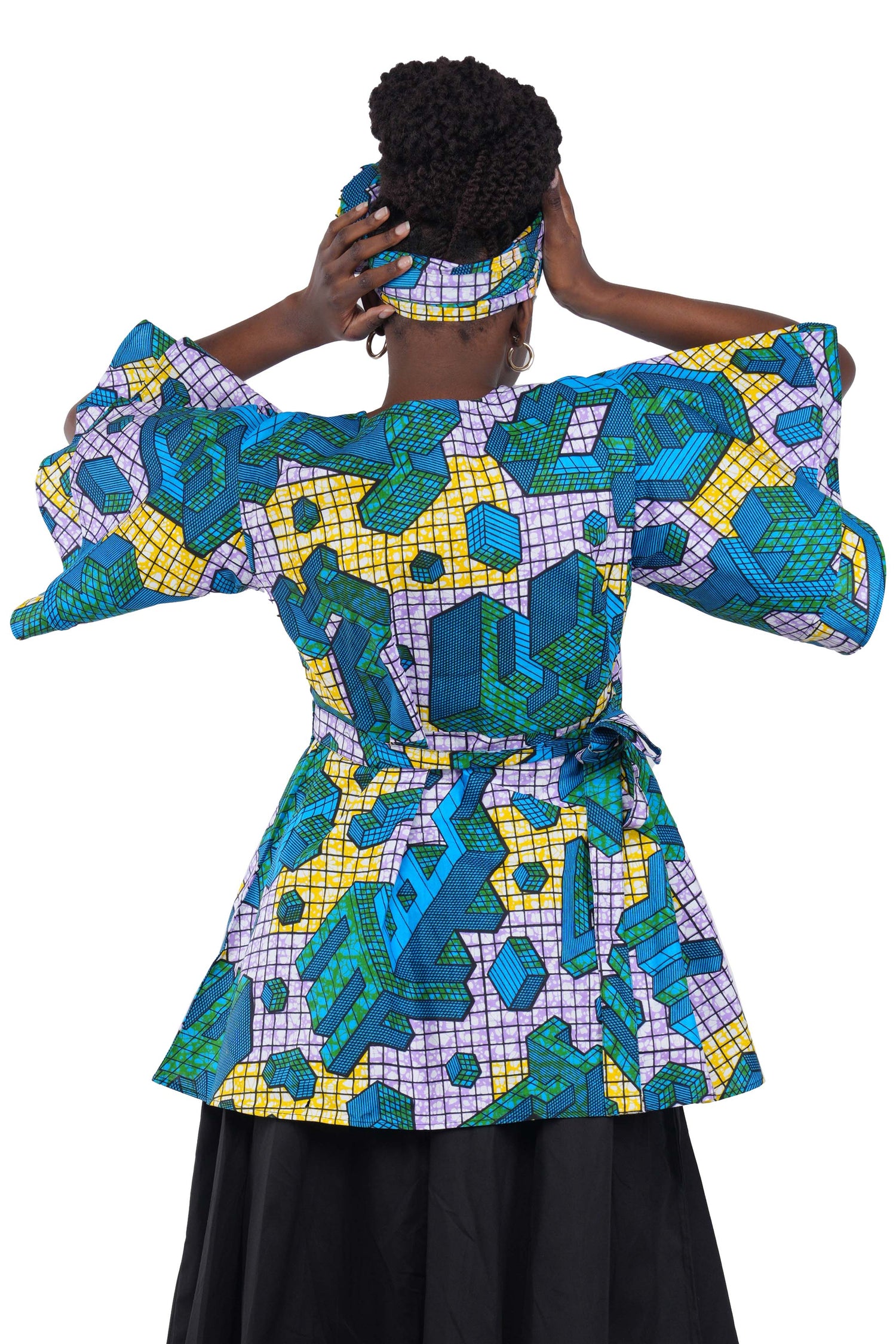 Woman wearing African print wrap top with 3/4 sleeves double layered – cotton, one size,  – Ankara inspired