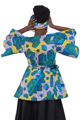 Woman wearing African print wrap top with 3/4 sleeves double layered – cotton, one size,  – Ankara inspired