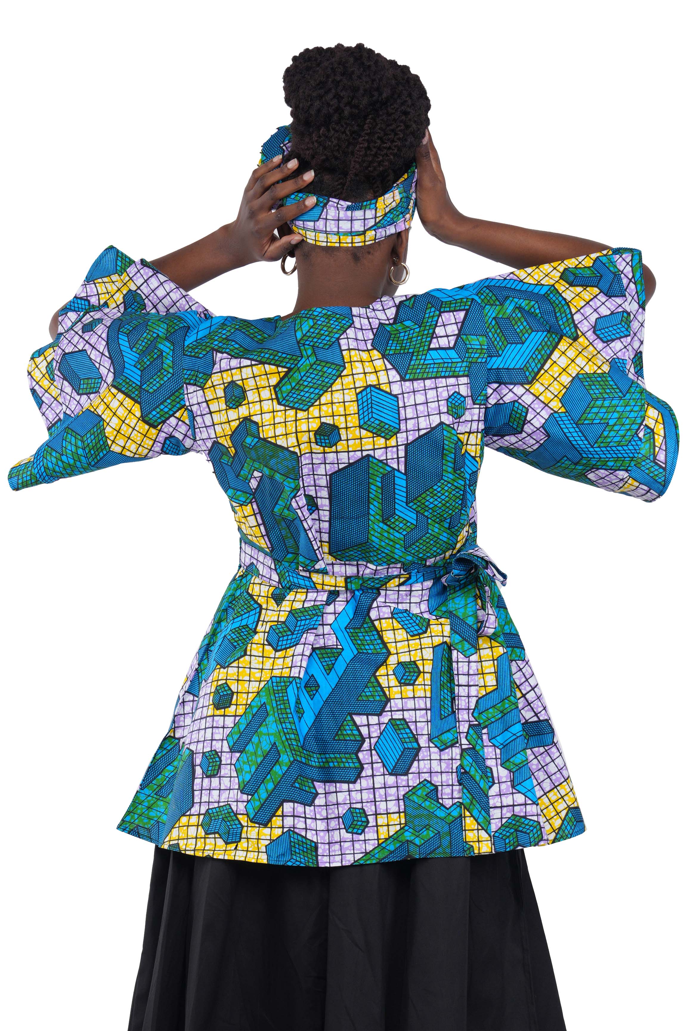 Woman wearing African print wrap top with 3/4 sleeves double layered – cotton, one size,  – Ankara inspired
