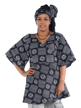Woman wearing African print wrap top with 3/4 sleeves double layered – cotton, one size,  – Ankara inspired