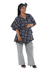 Woman wearing African print wrap top with 3/4 sleeves double layered – cotton, one size,  – Ankara inspired