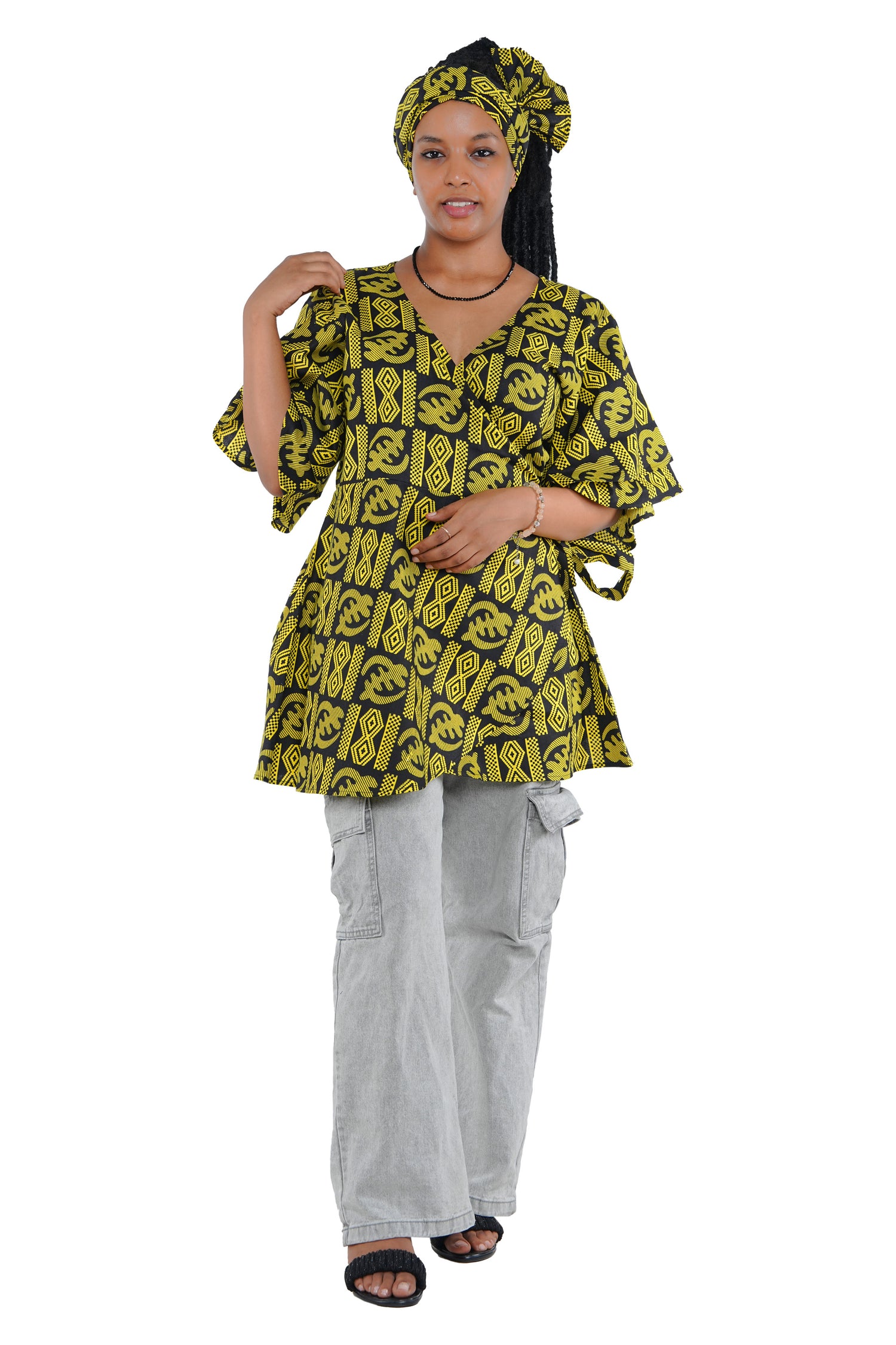 Woman wearing African print wrap top with 3/4 sleeves double layered – cotton, one size,  – Ankara inspired