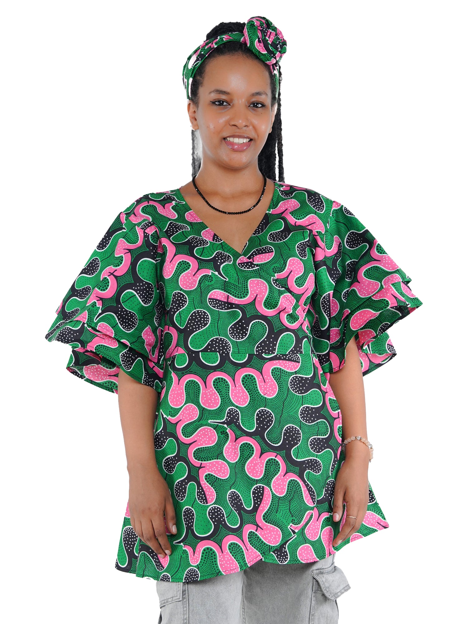 Woman wearing African print wrap top with 3/4 sleeves double layered – cotton, one size,  – Ankara inspired