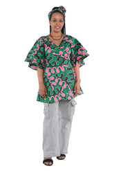 Woman wearing African print wrap top with 3/4 sleeves double layered – cotton, one size,  – Ankara inspired