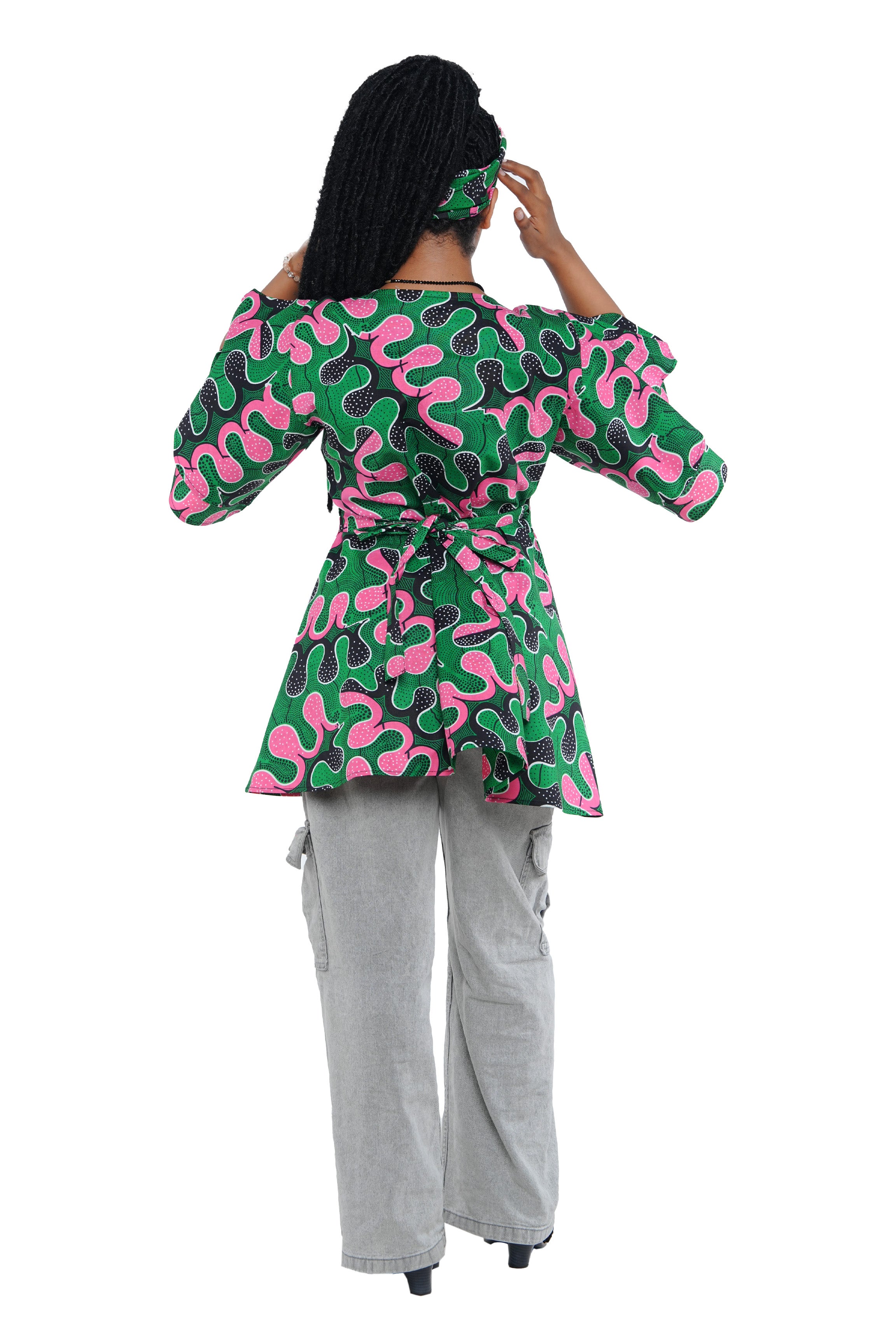 Woman wearing African print wrap top with 3/4 sleeves double layered – cotton, one size,  – Ankara inspired