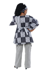 Woman wearing African print wrap top with 3/4 sleeves double layered – cotton, one size,  – Ankara inspired