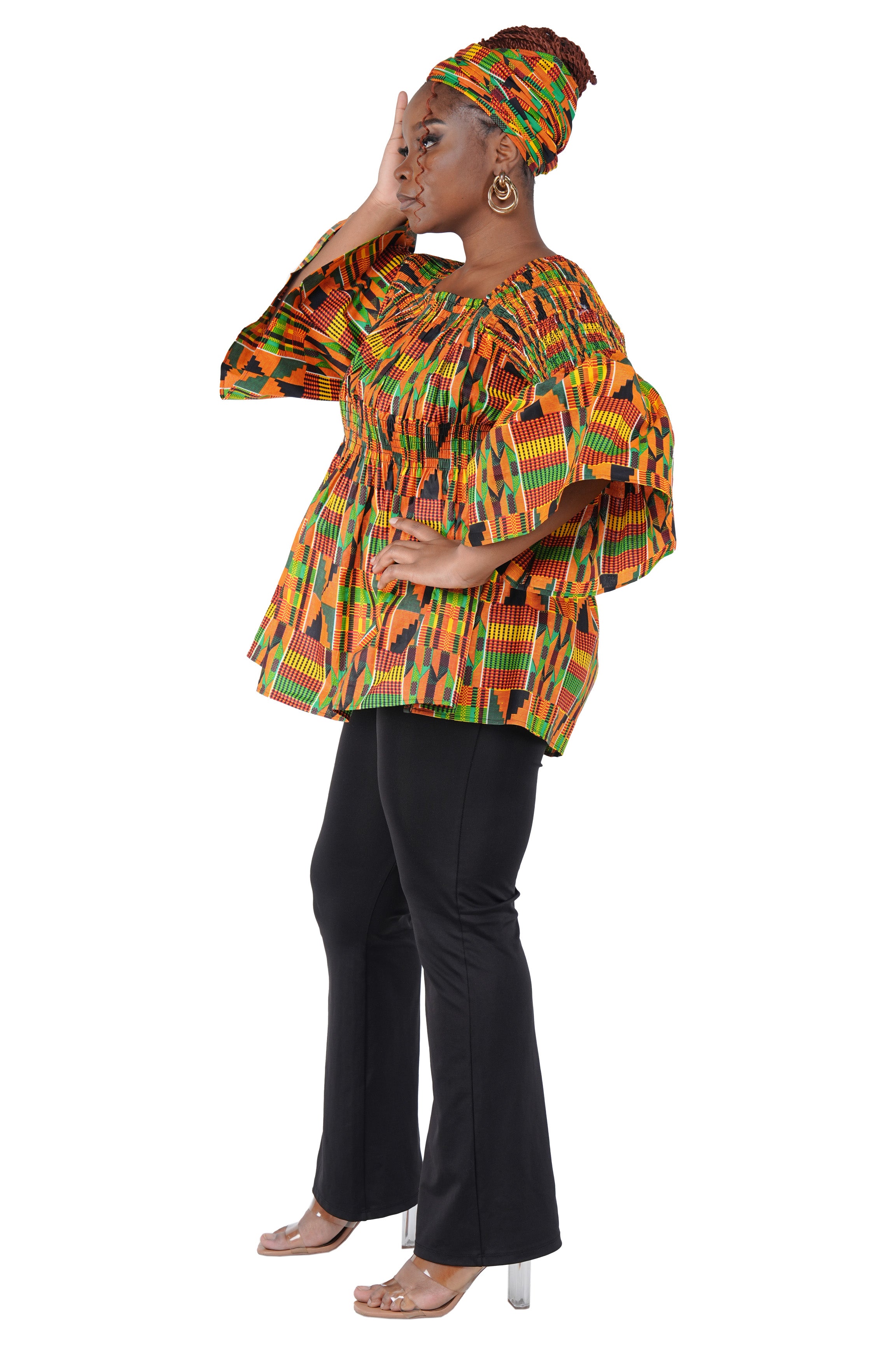 African Smocked Peplum Blouse–One Size,3/4 Sleeve,Ankara Top,Same Day Shipping