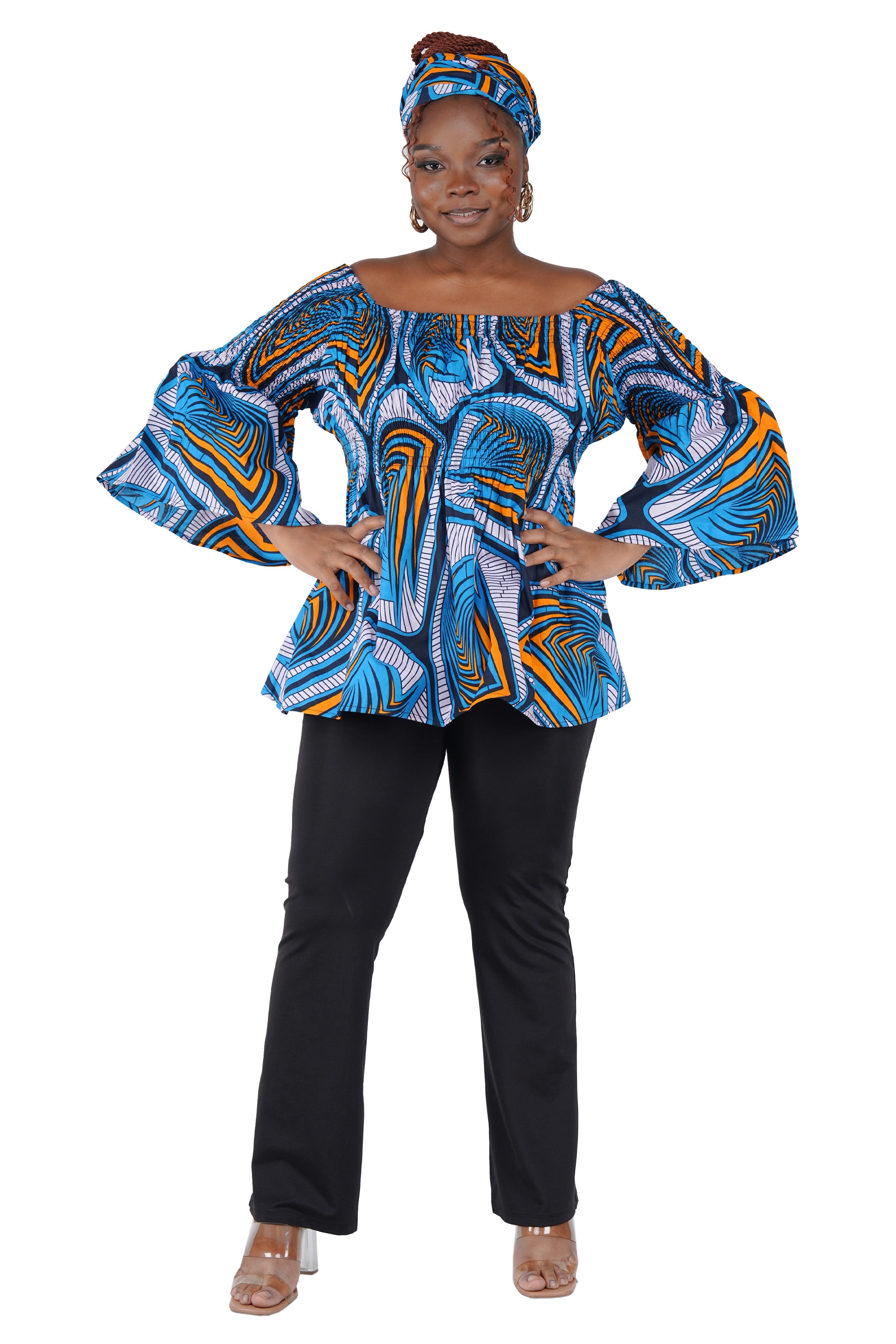 African Smocked Peplum Blouse–One Size,3/4 Sleeve,Ankara Top,Same Day Shipping