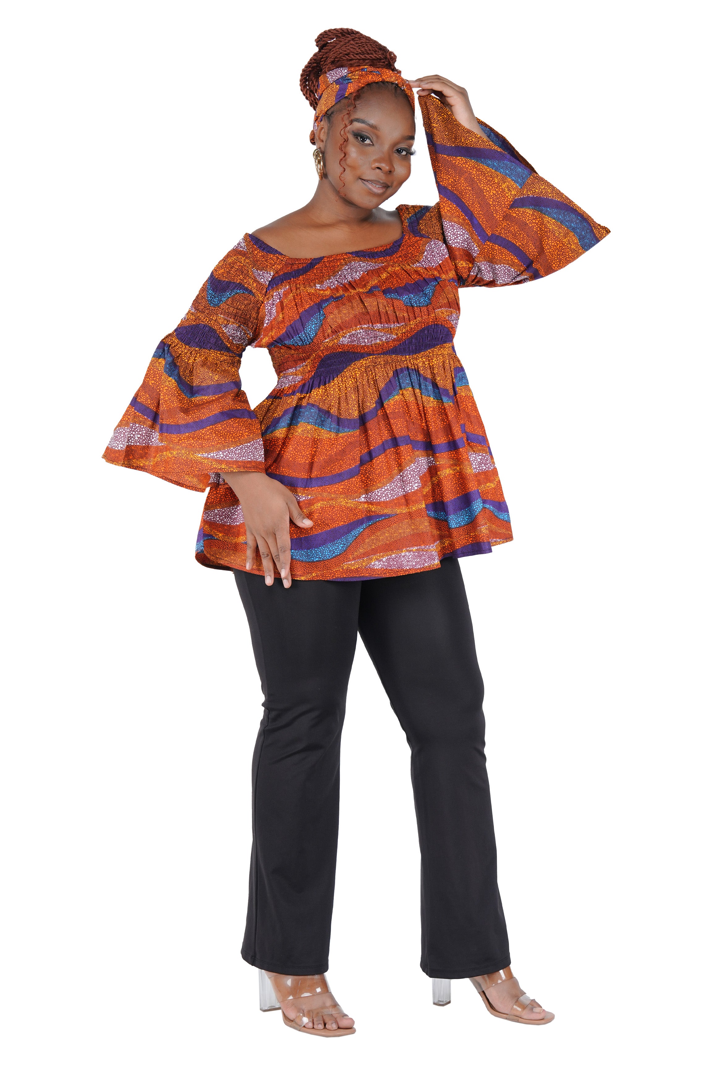 African Smocked Peplum Blouse–One Size,3/4 Sleeve,Ankara Top,Same Day Shipping