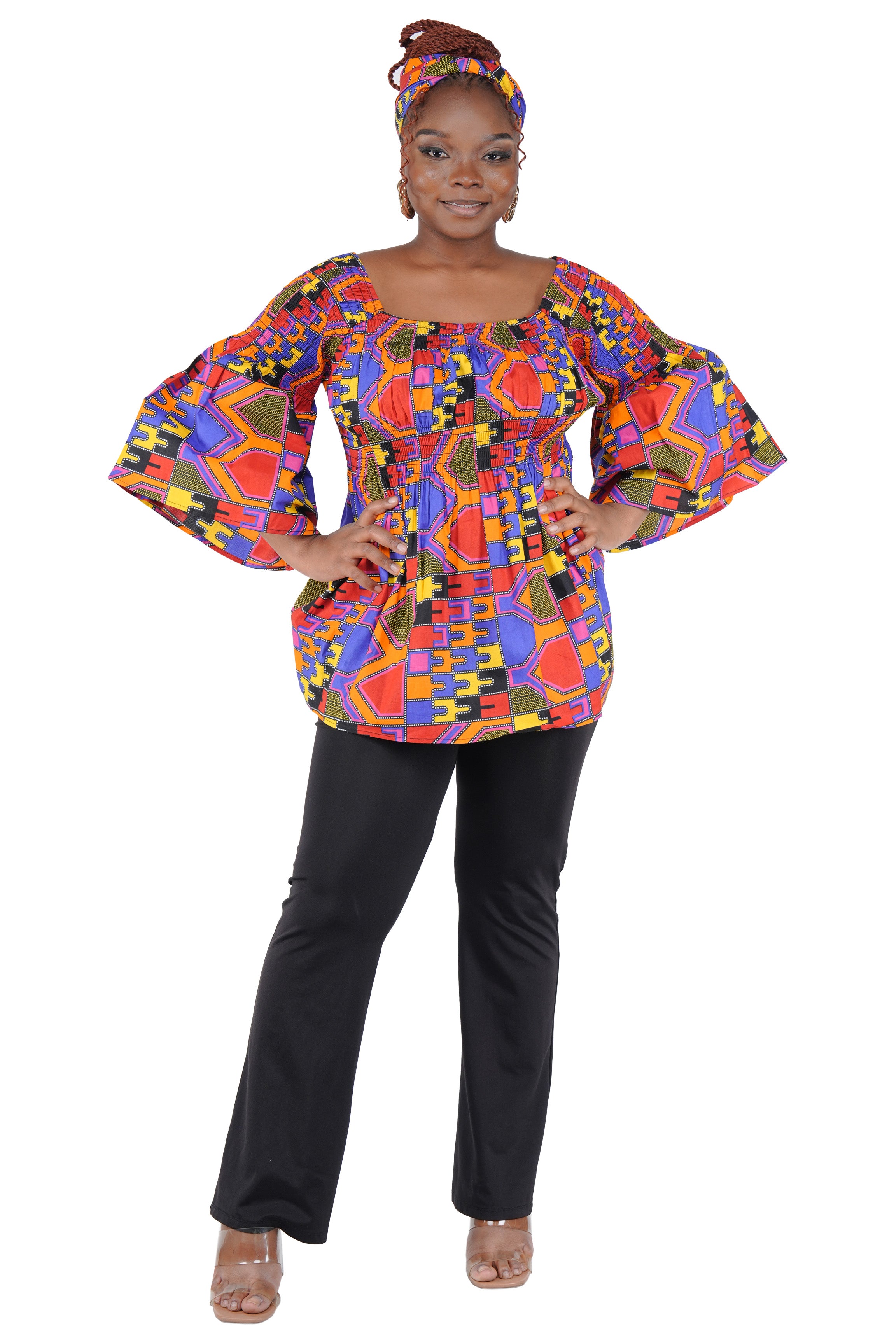 African Smocked Peplum Blouse–One Size,3/4 Sleeve,Ankara Top,Same Day Shipping