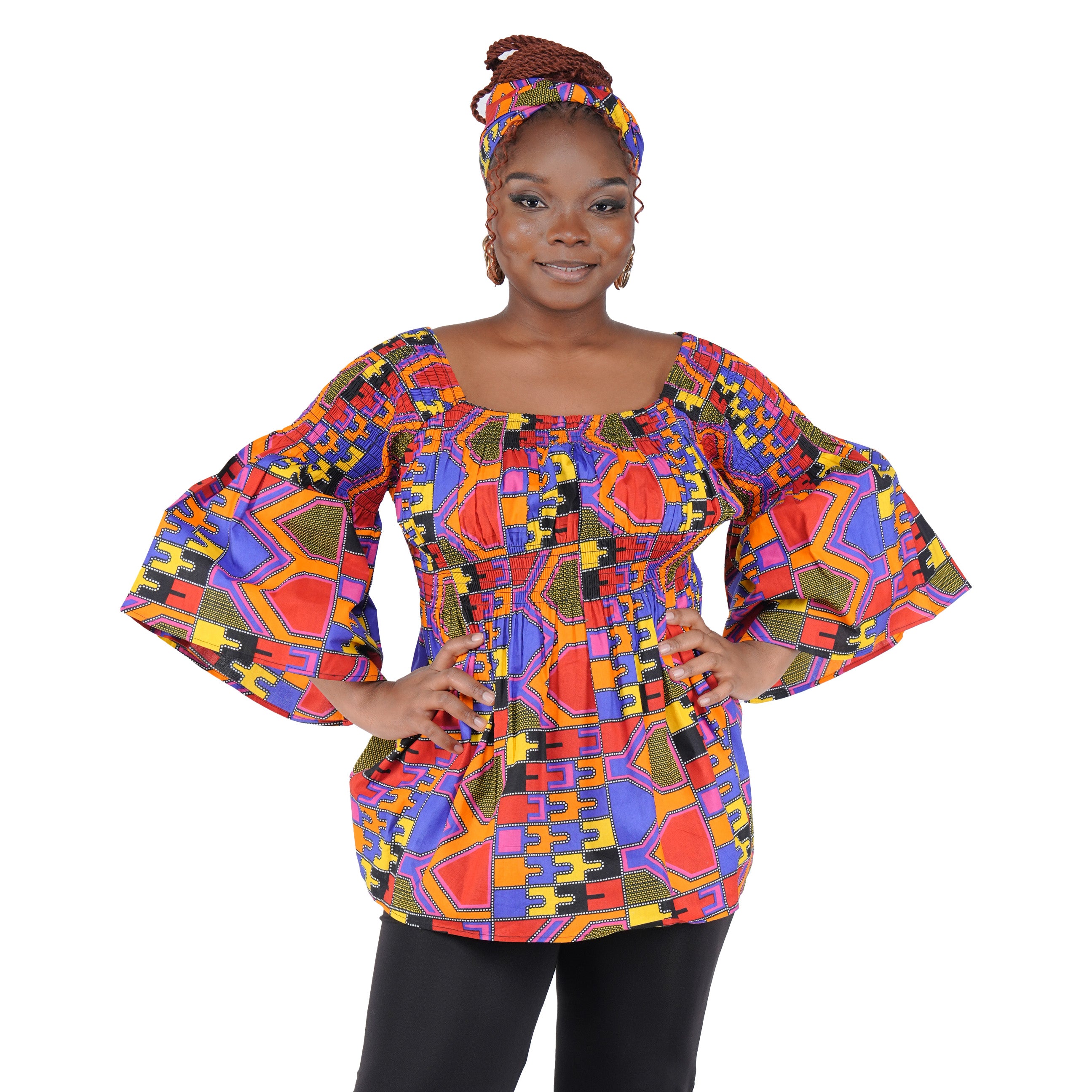 African Smocked Peplum Blouse–One Size,3/4 Sleeve,Ankara Top,Same Day Shipping