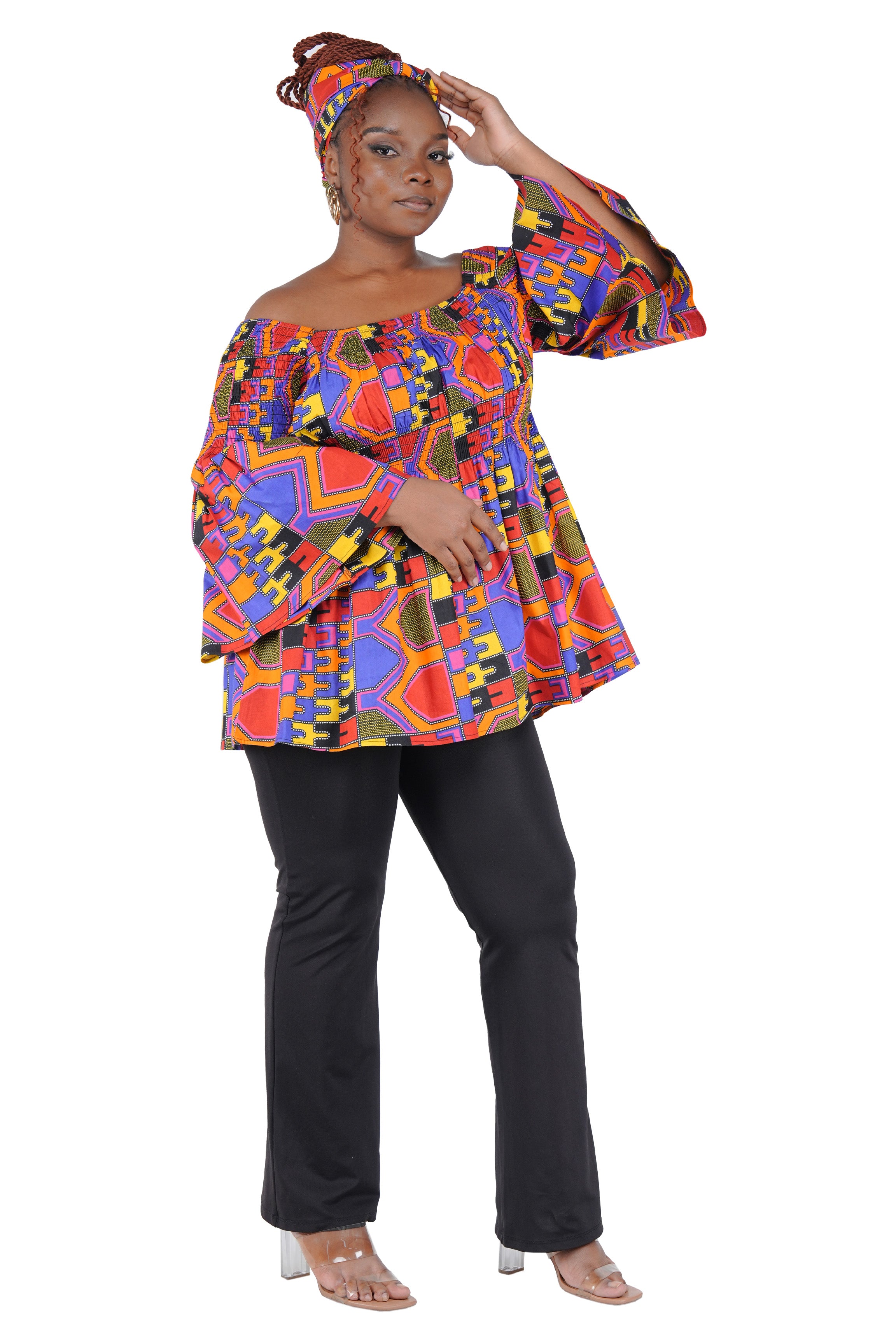 African Smocked Peplum Blouse–One Size,3/4 Sleeve,Ankara Top,Same Day Shipping