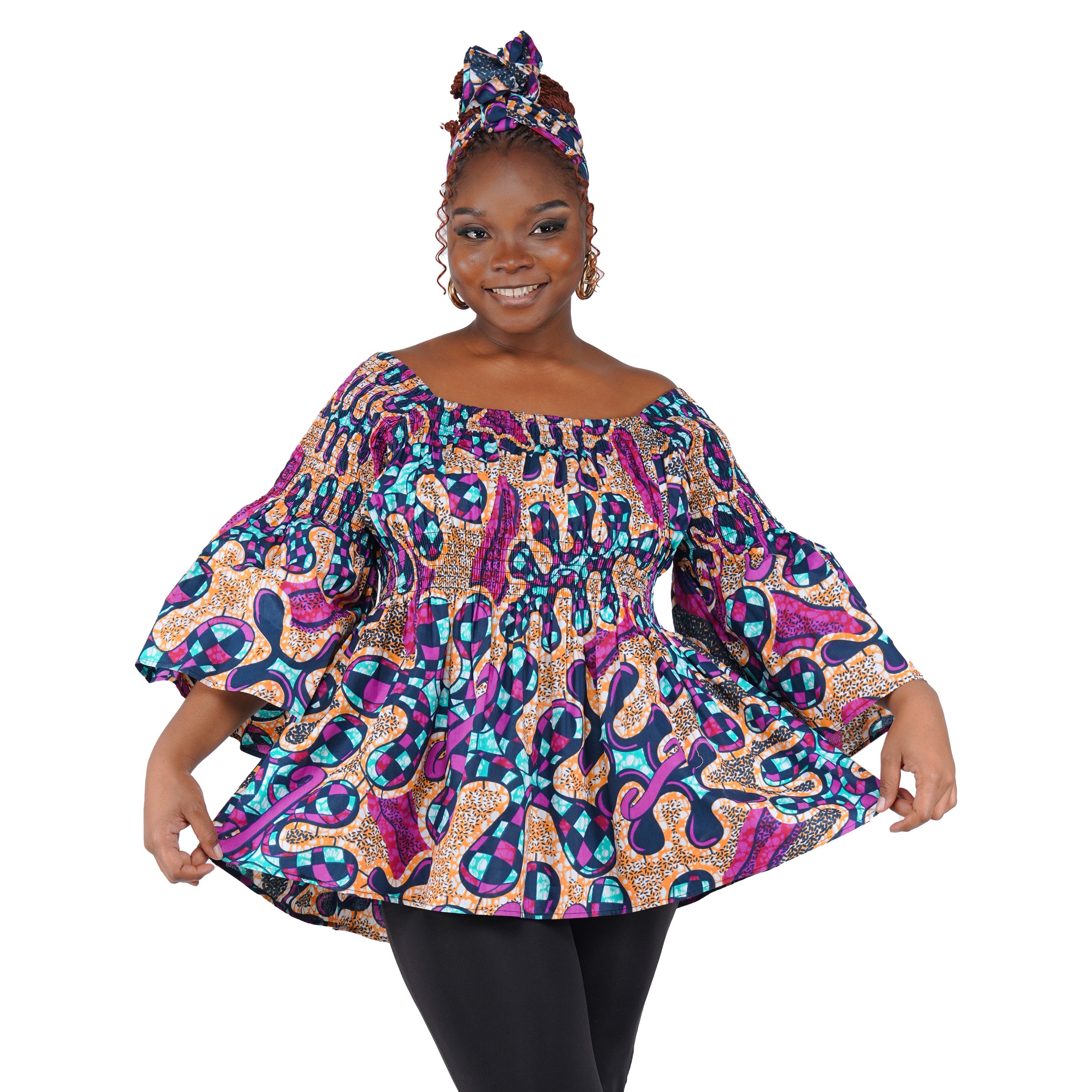 African Smocked Peplum Blouse–One Size,3/4 Sleeve,Ankara Top,Same Day Shipping