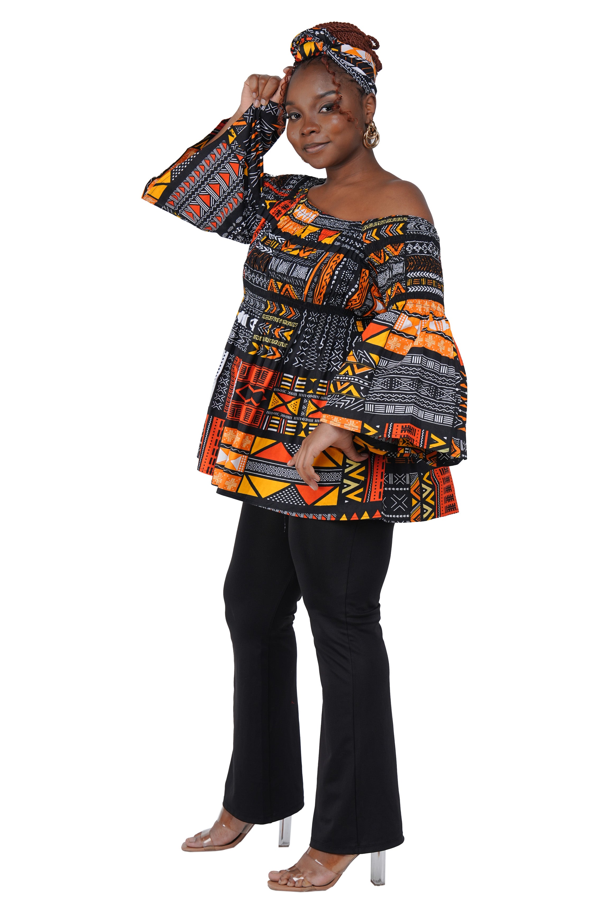 African Smocked Peplum Blouse–One Size,3/4 Sleeve,Ankara Top,Same Day Shipping