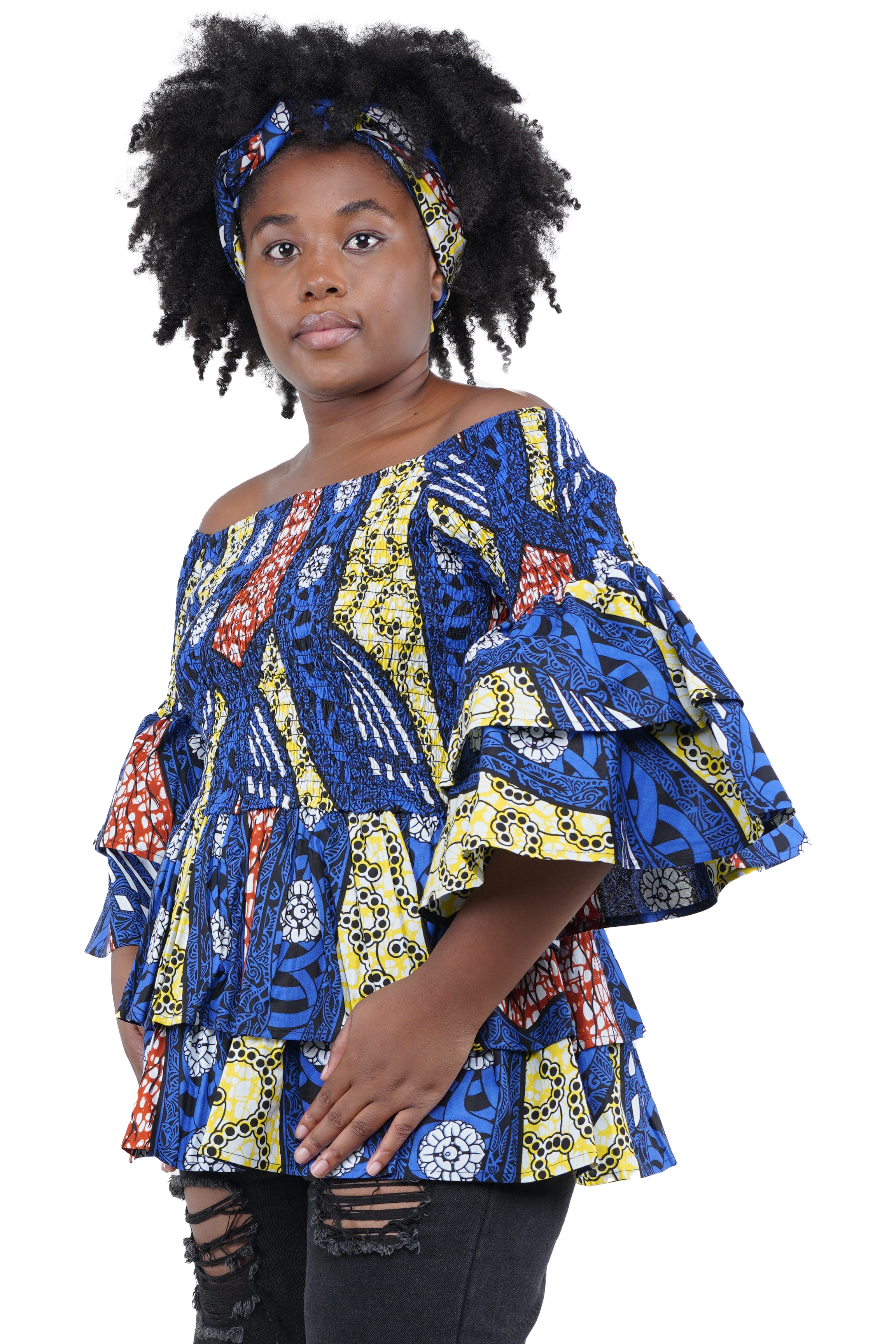 African Smocked Off Shoulder Blouse, Dashiki Afrocentric Attire, 100% Cotton