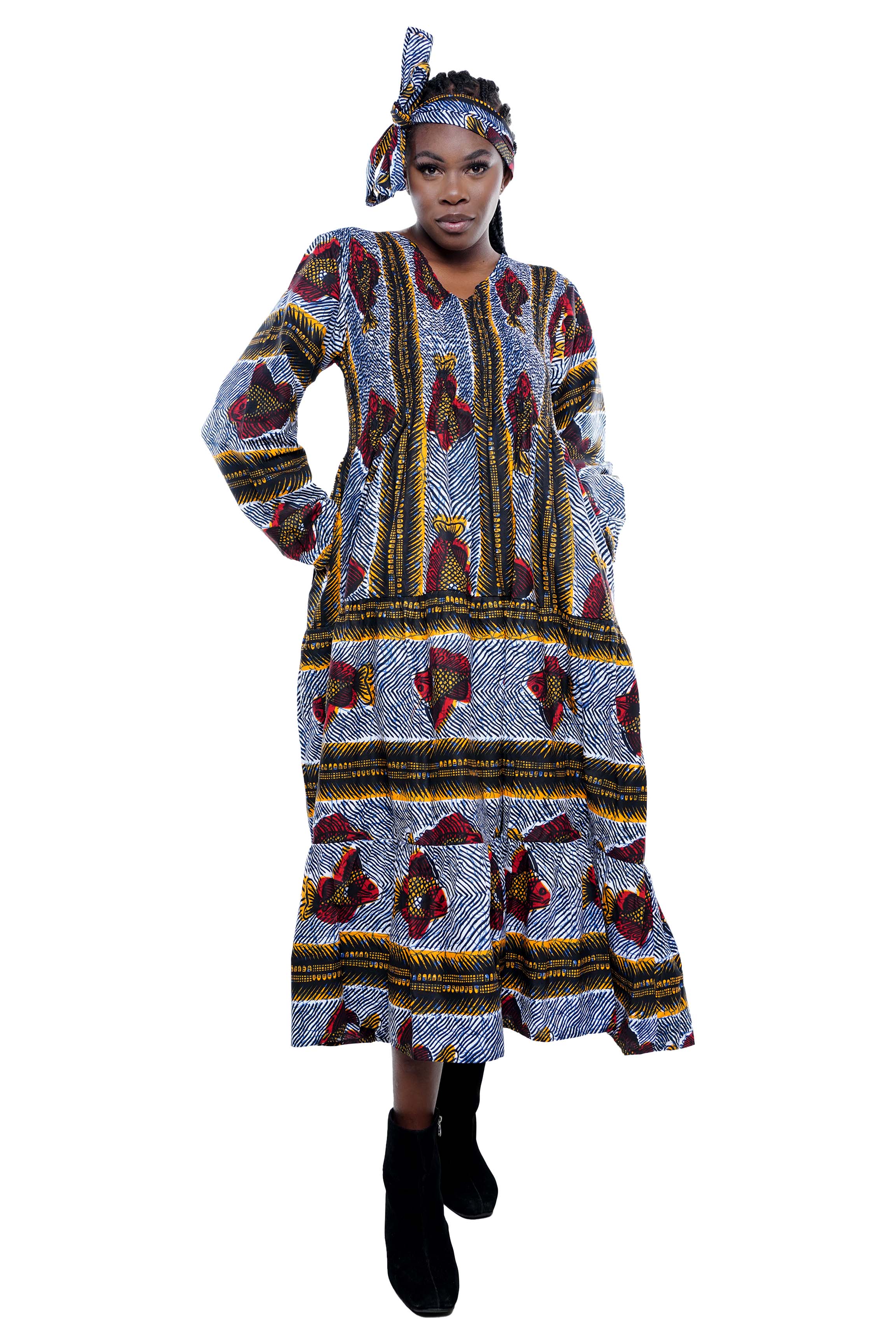 African smocked maxi tiered dress with long sleeves and headwrap
Cotton V-neck African maxi dress with pockets
Afrocentric long sleeve tiered dress one size fits most
African dresses for women