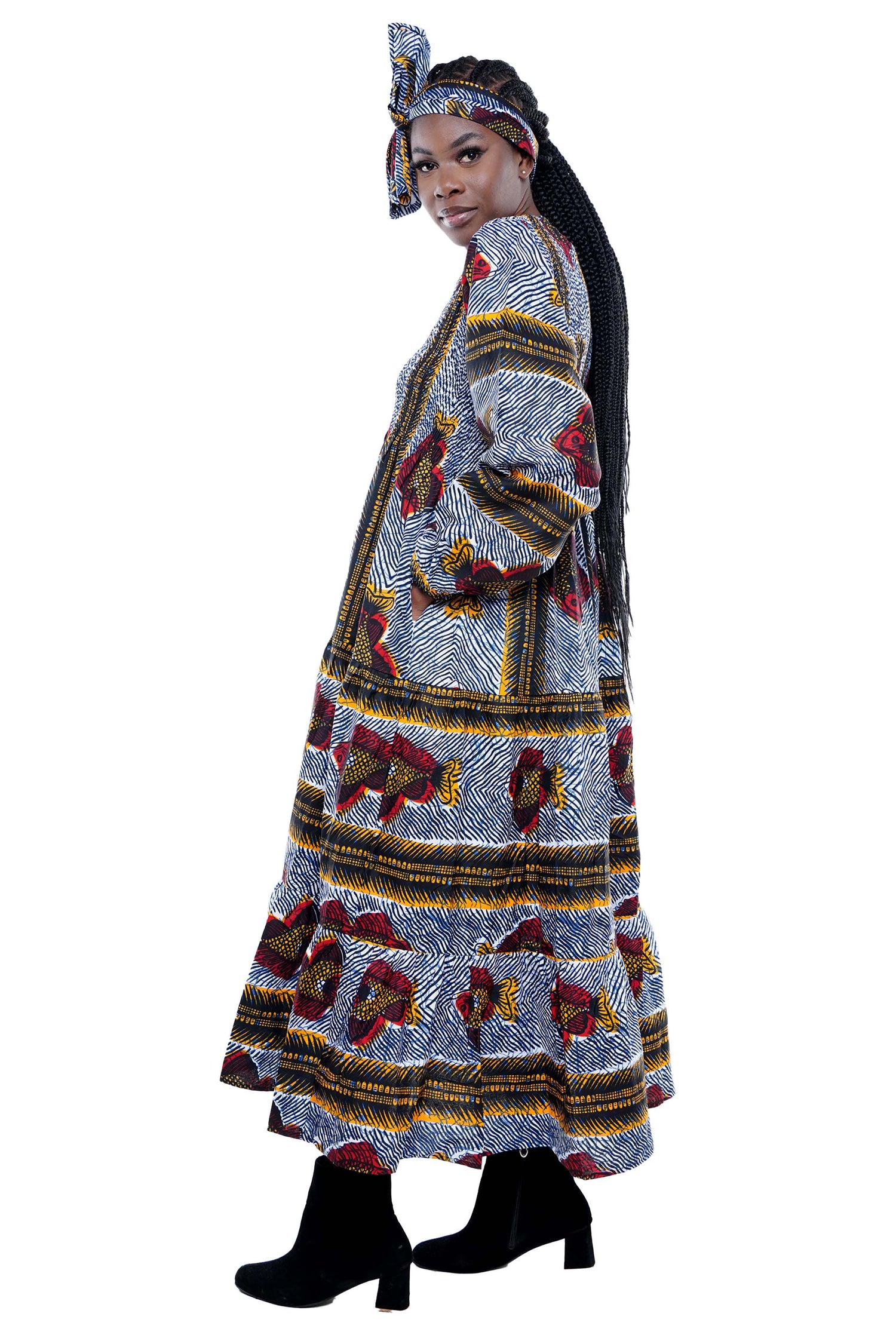 African smocked maxi tiered dress with long sleeves and headwrap
Cotton V-neck African maxi dress with pockets
Afrocentric long sleeve tiered dress one size fits most
African dresses for women