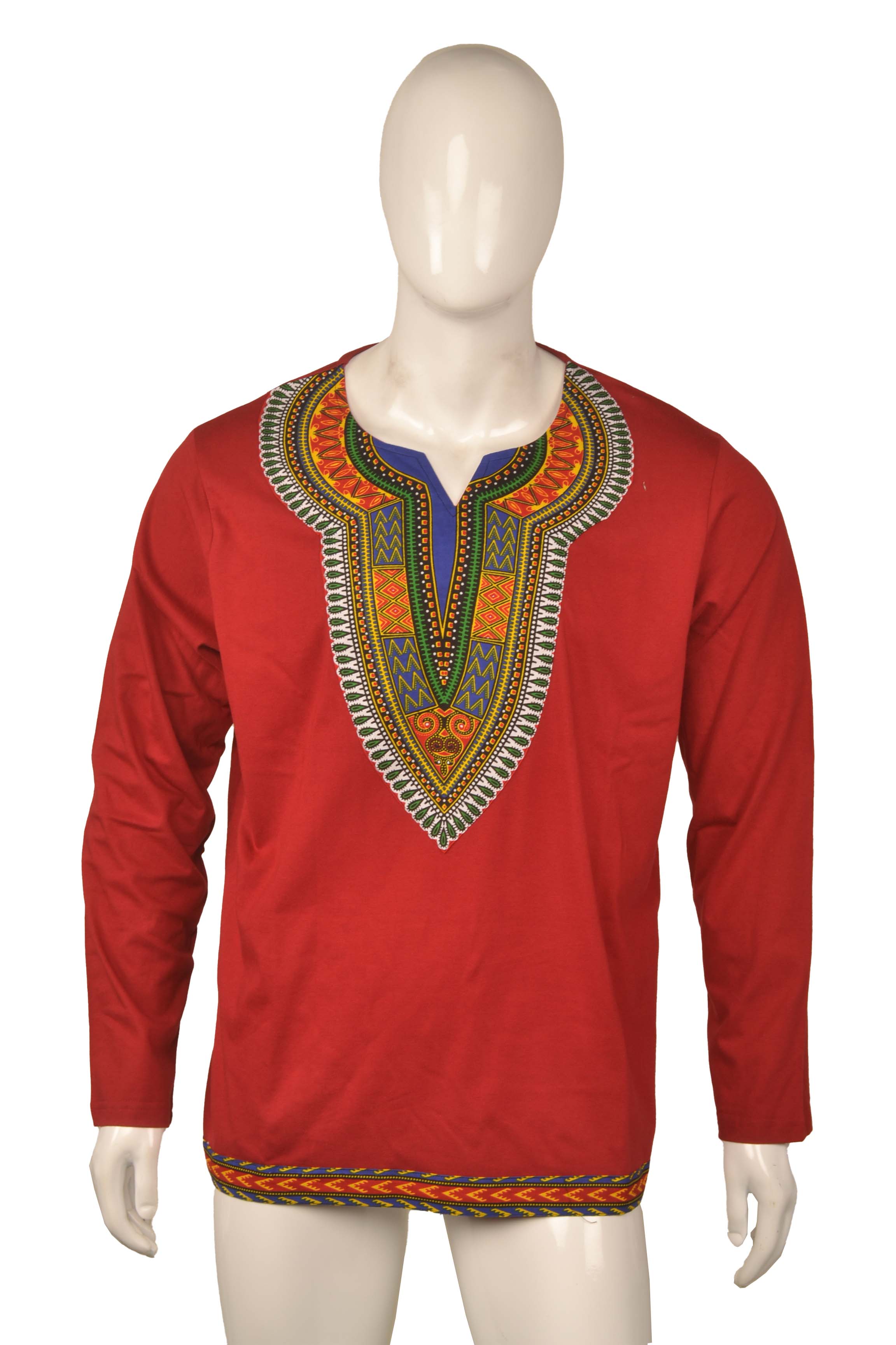 African Trim Long Sleeve T-Shirt for Men – 100% Cotton Dashiki Patch Top, African Clothing, Casual Ethnic Wear, Same Day Shipping