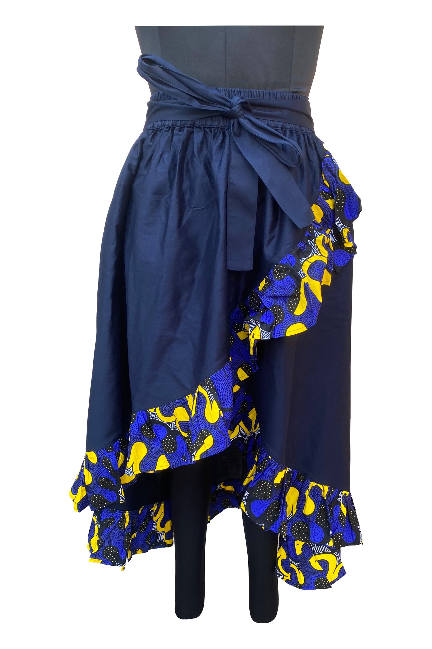 Navy Blue African Trim High Low Ruffled Skirt