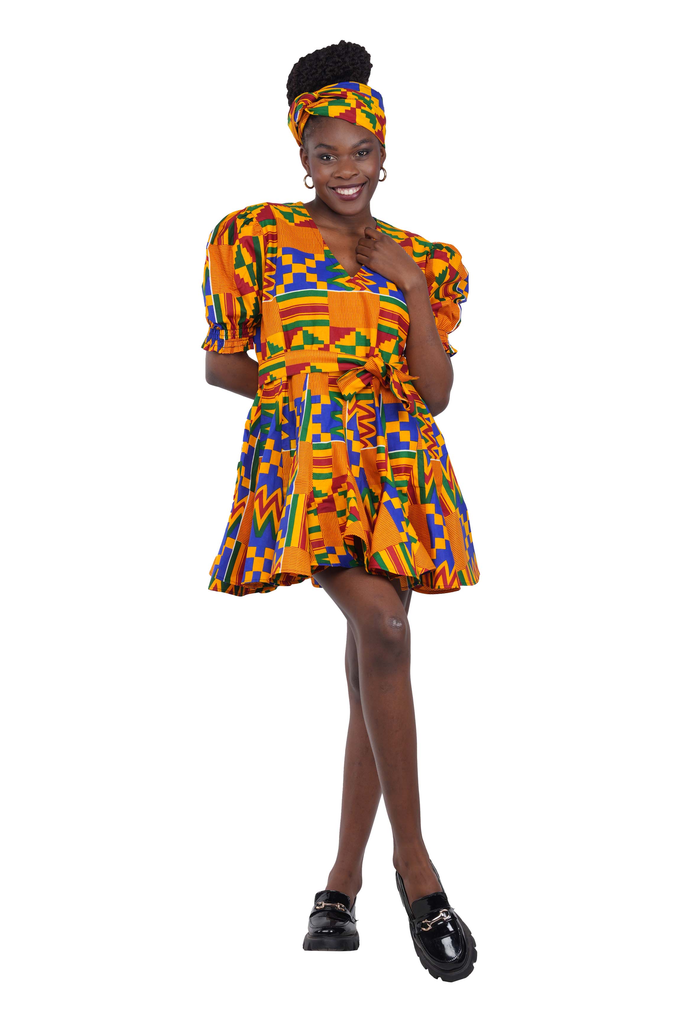 African Short Panelled Dress 100% Cotton w/ Pockets & Headwrap – Fast Shipping