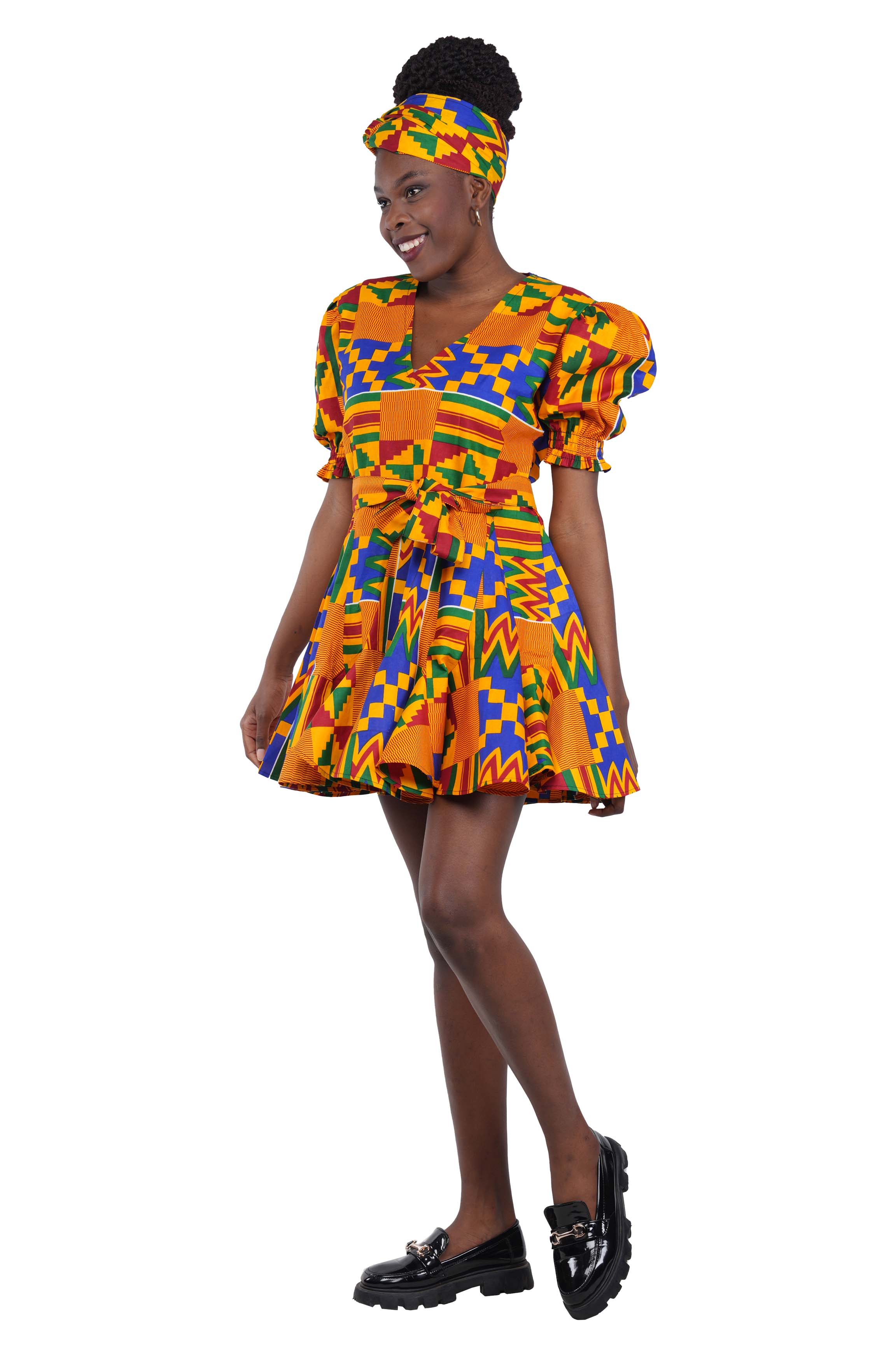 African Short Panelled Dress 100% Cotton w/ Pockets & Headwrap – Fast Shipping