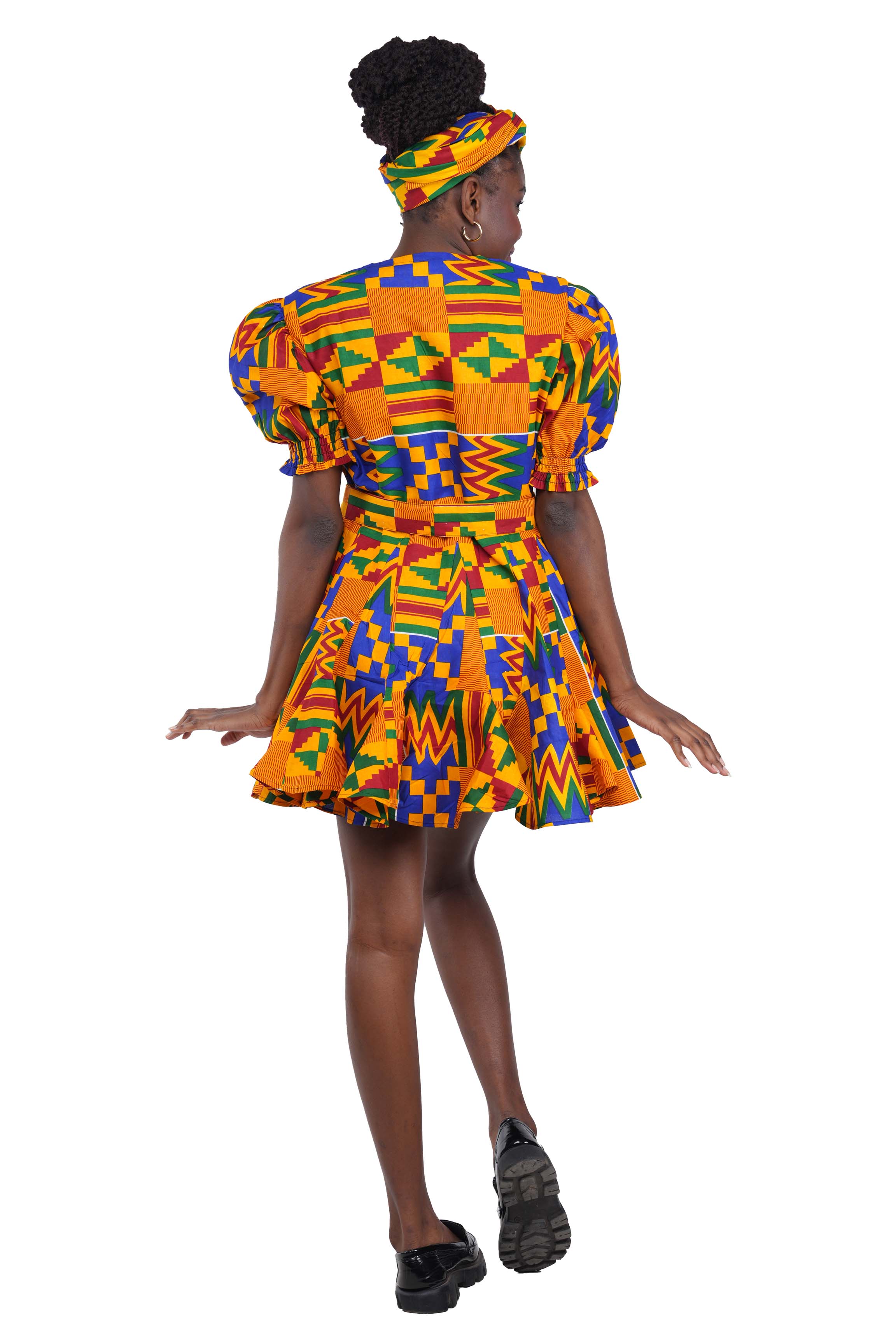 African Short Panelled Dress 100% Cotton w/ Pockets & Headwrap – Fast Shipping