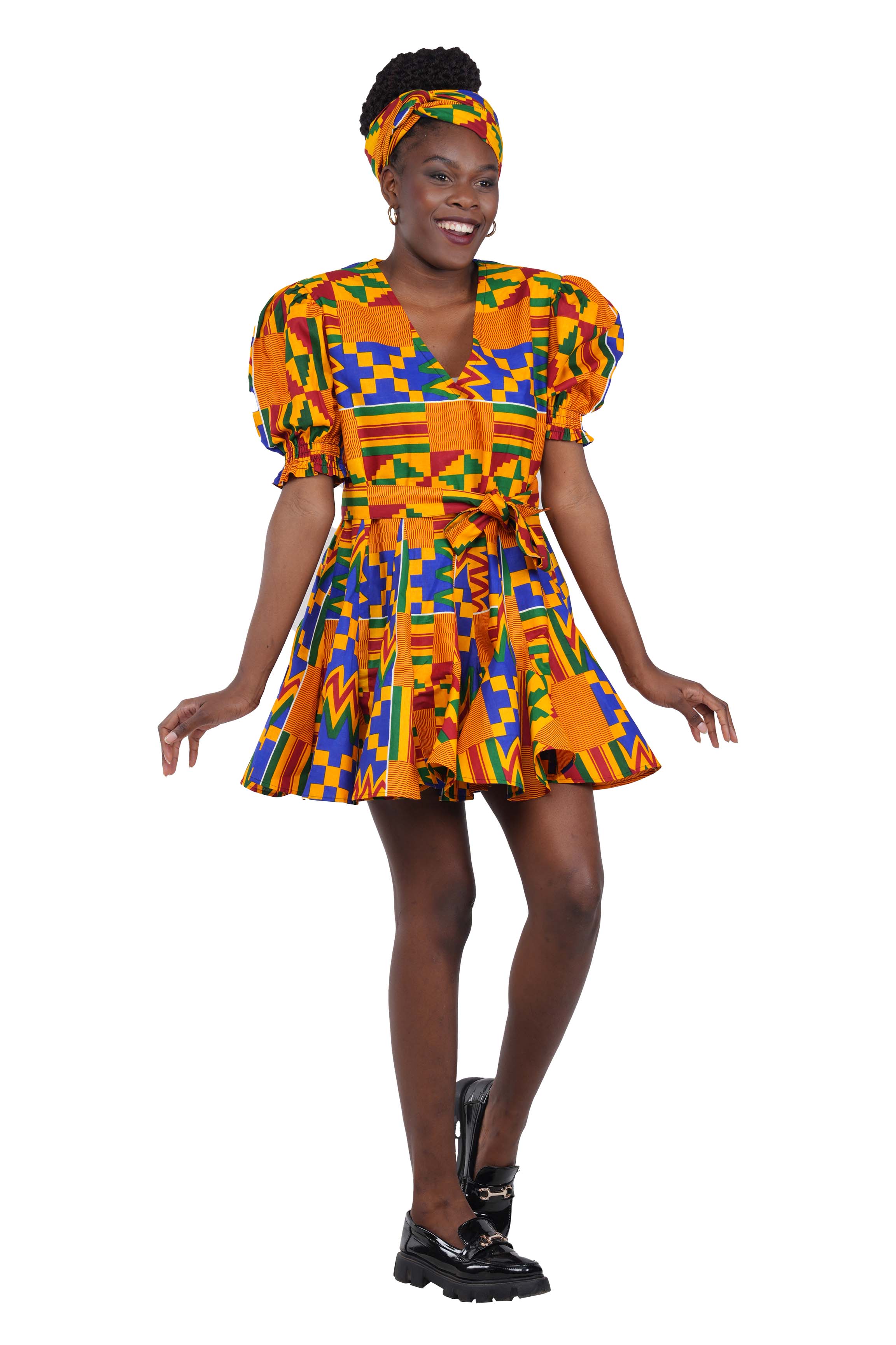 African Short Panelled Dress 100% Cotton w/ Pockets & Headwrap – Fast Shipping