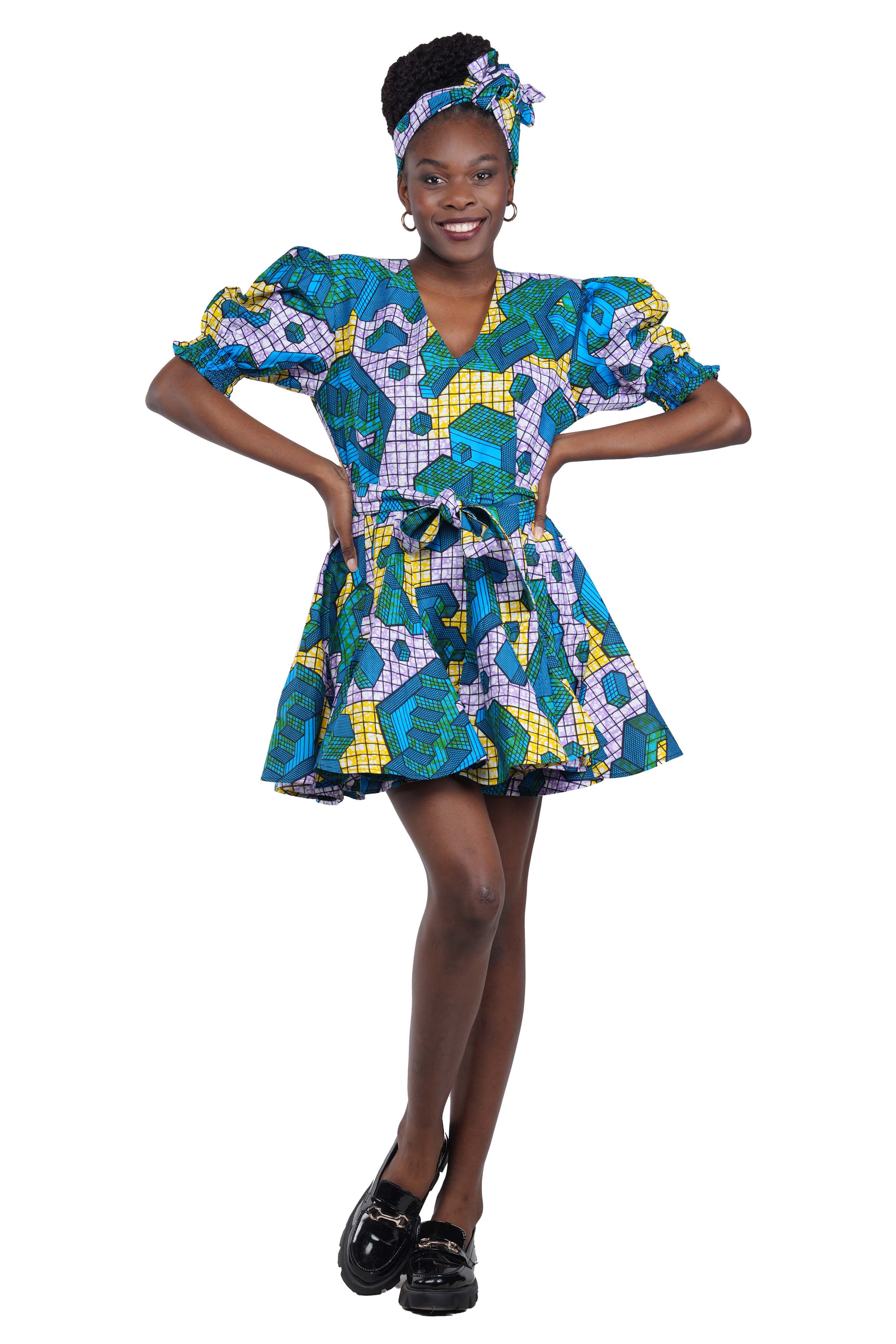 African Short Panelled Dress 100% Cotton w/ Pockets & Headwrap – Fast Shipping