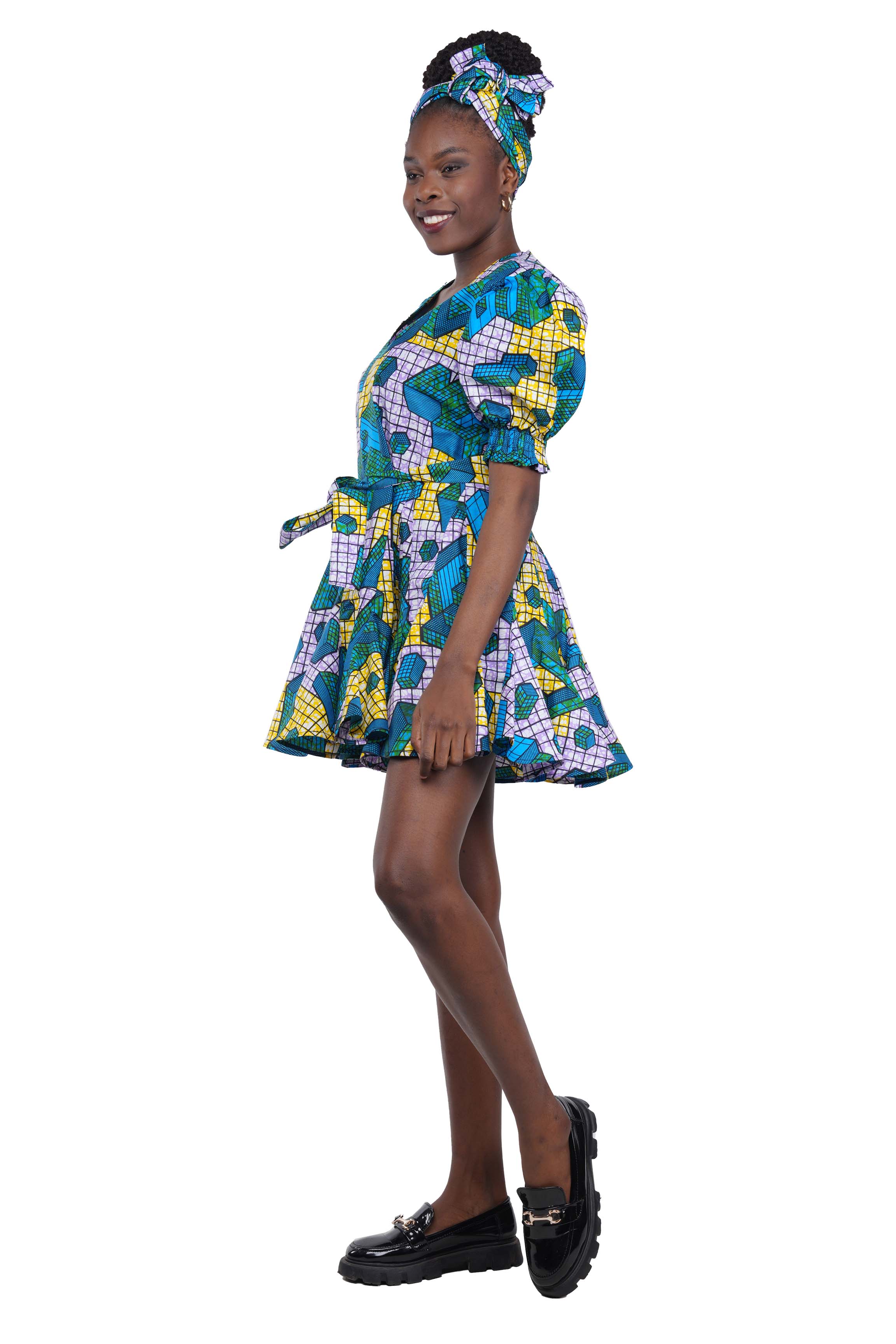 African Short Panelled Dress 100% Cotton w/ Pockets & Headwrap – Fast Shipping