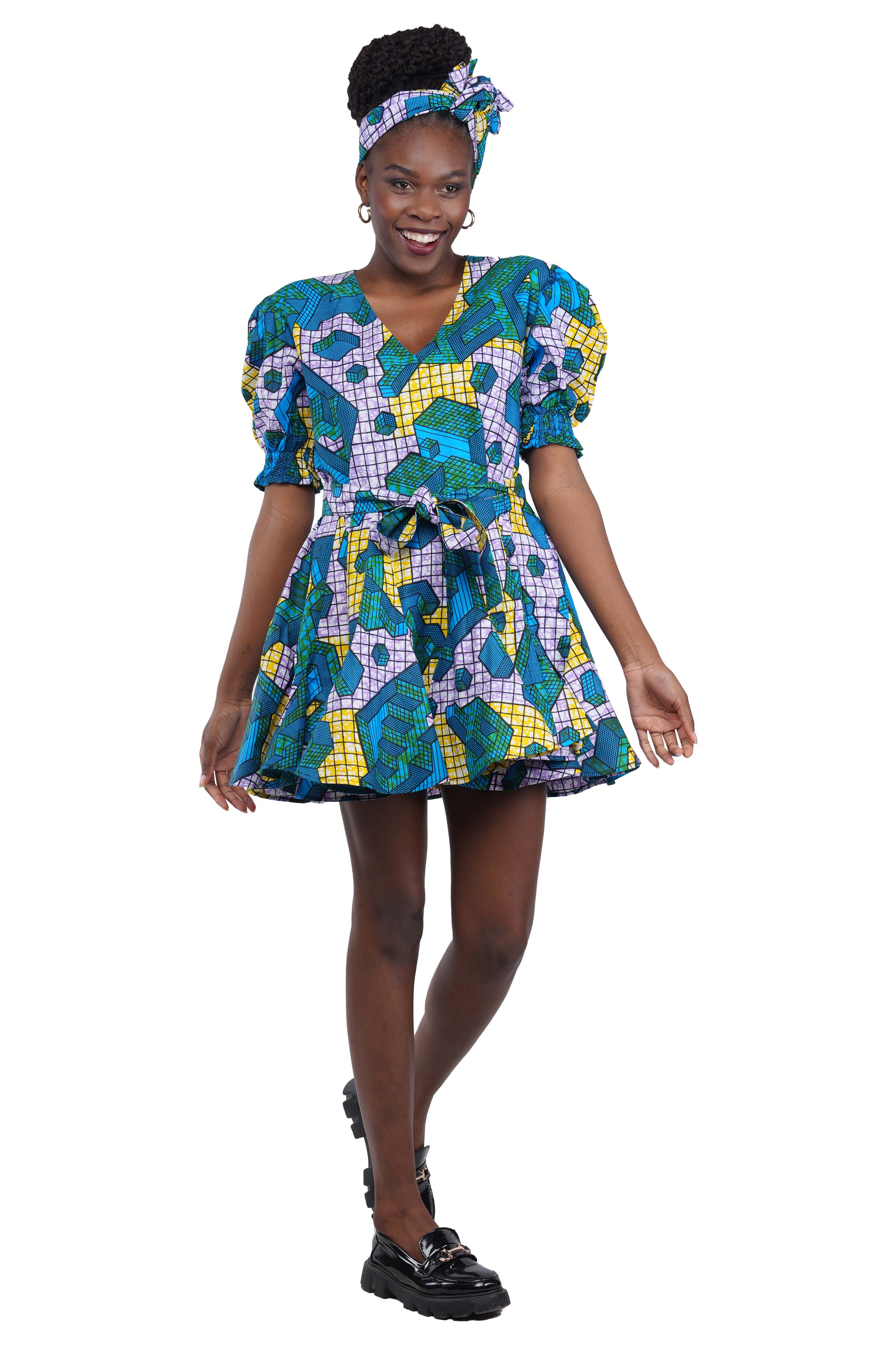 African Short Panelled Dress 100% Cotton w/ Pockets & Headwrap – Fast Shipping
