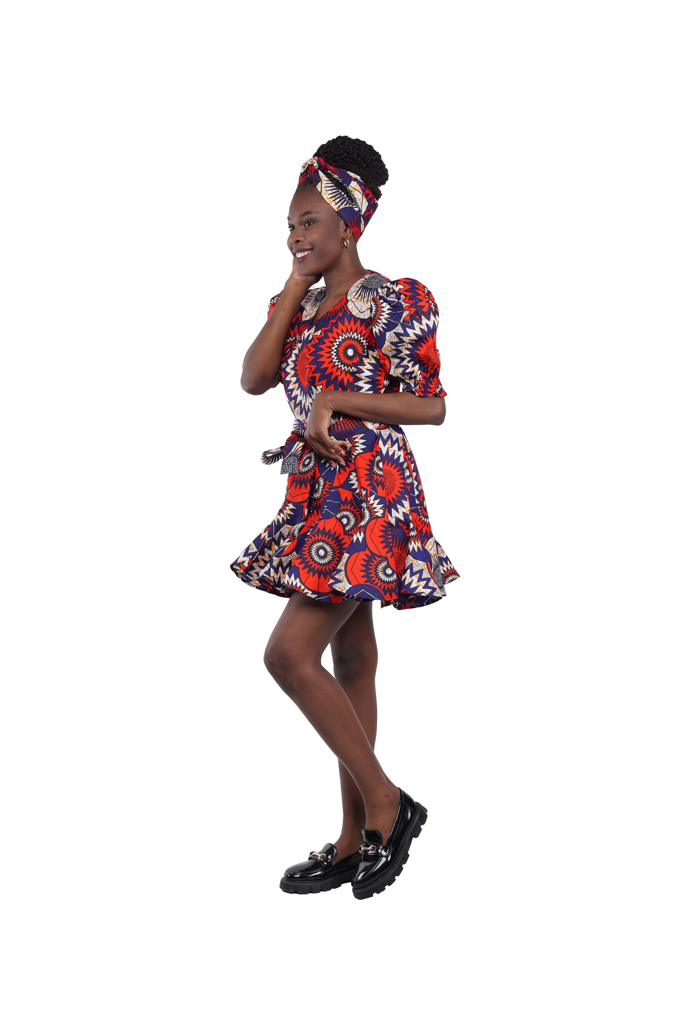 African Short Panelled Dress 100% Cotton w/ Pockets & Headwrap – Fast Shipping