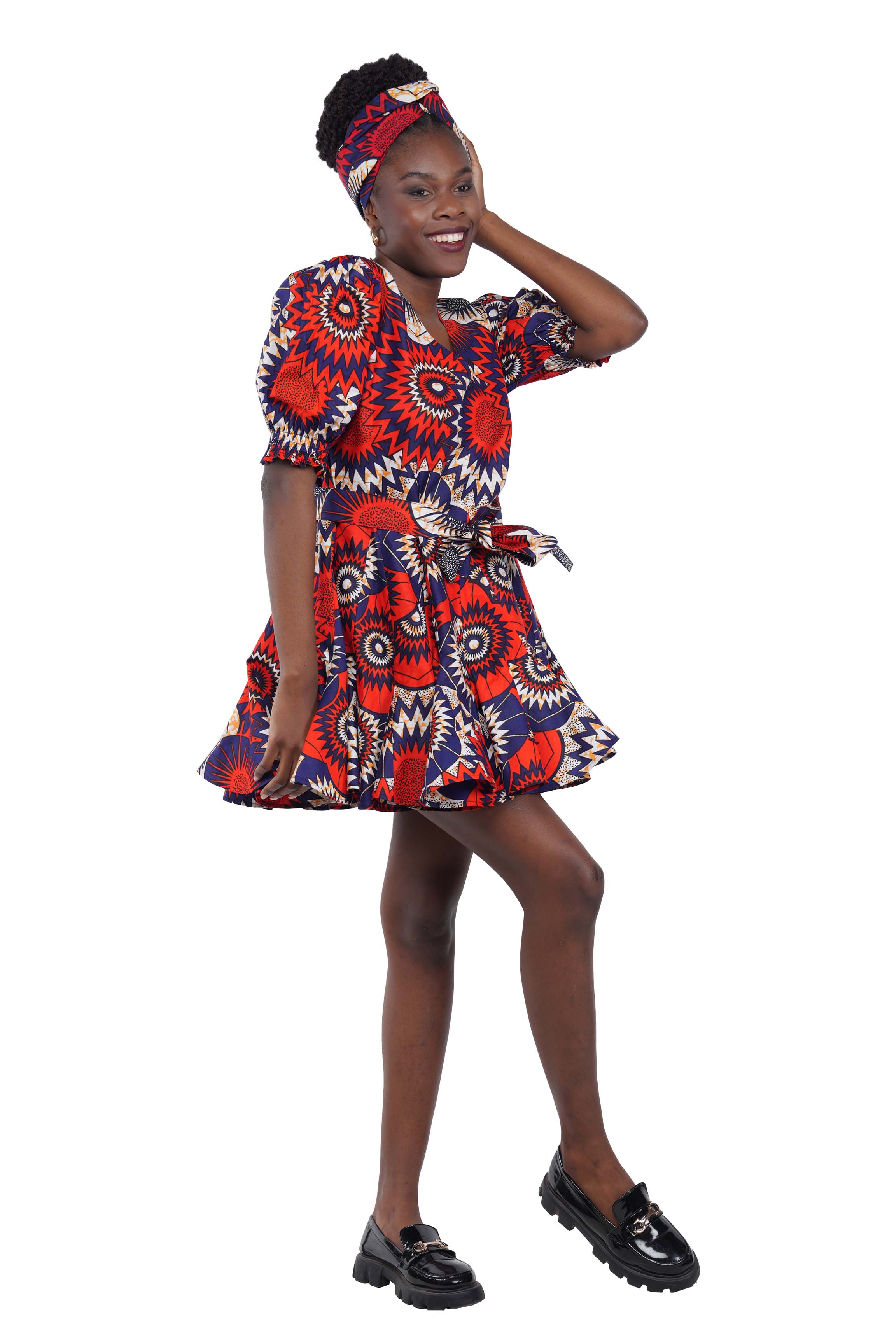 African Short Panelled Dress 100% Cotton w/ Pockets & Headwrap – Fast Shipping