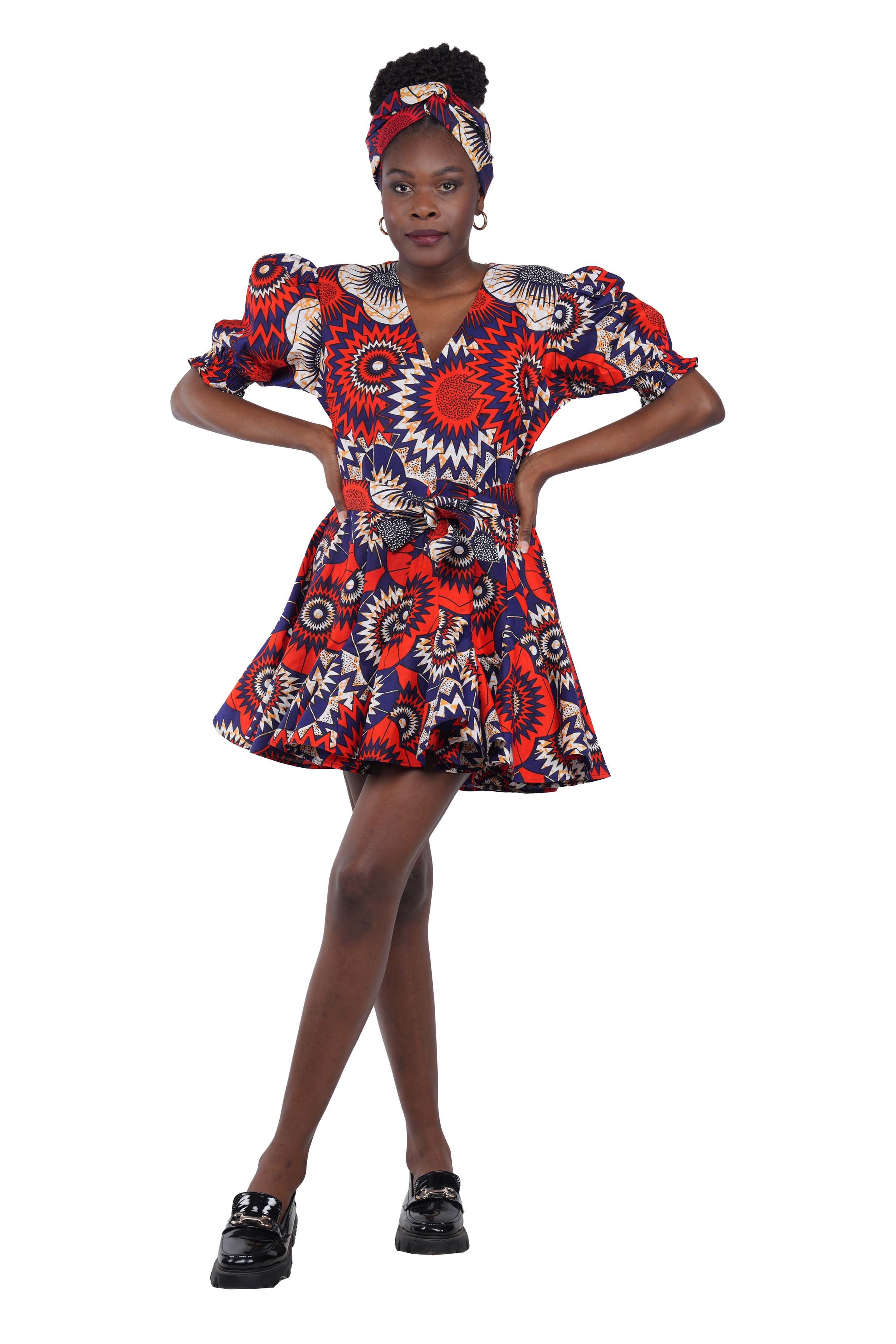 African Short Panelled Dress 100% Cotton w/ Pockets & Headwrap – Fast Shipping