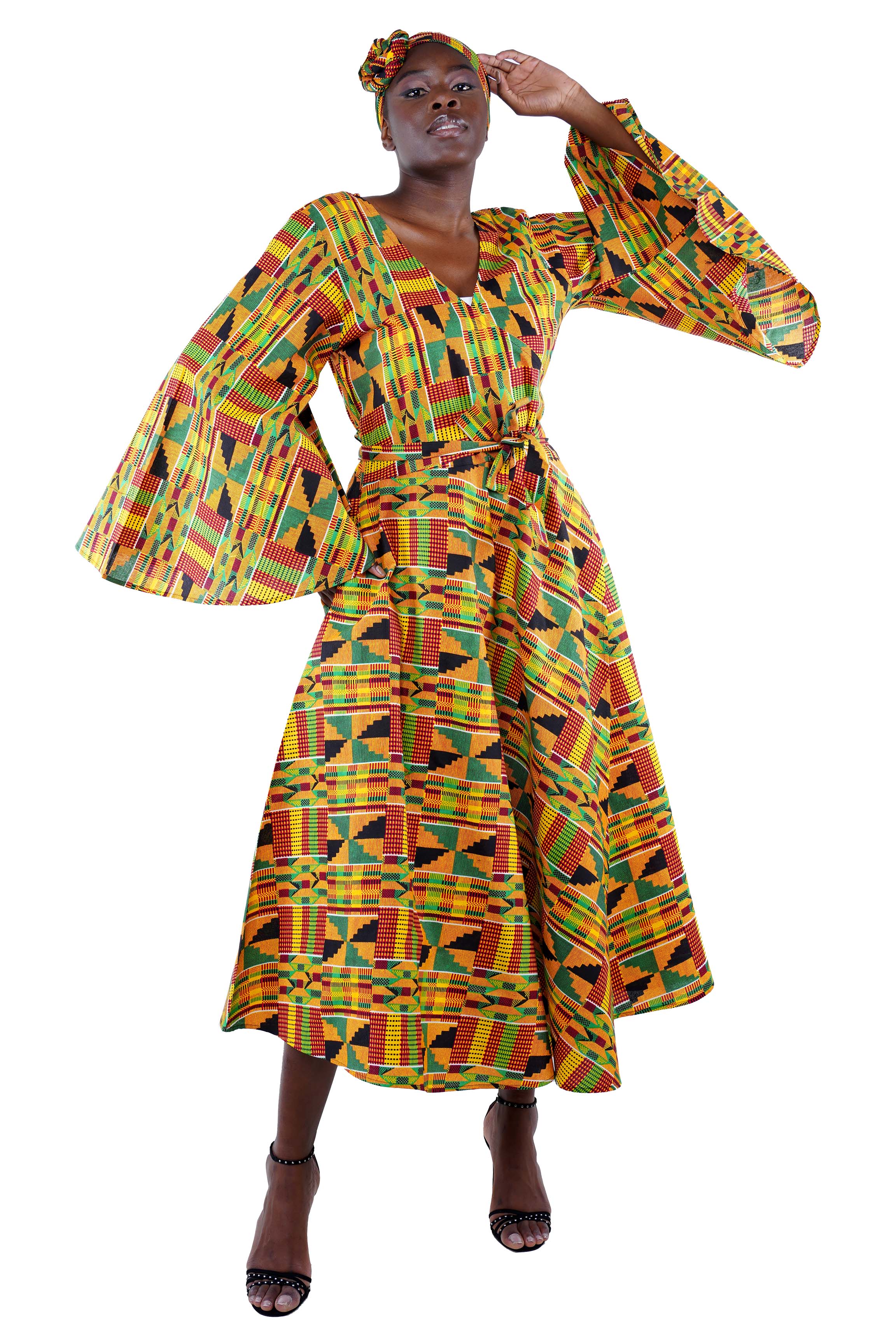 African long wrap dress with pockets and matching headwrap
Afrocentric cotton wrap dress with tribal print
African attire for women – ankara wrap dress
African dresses for women