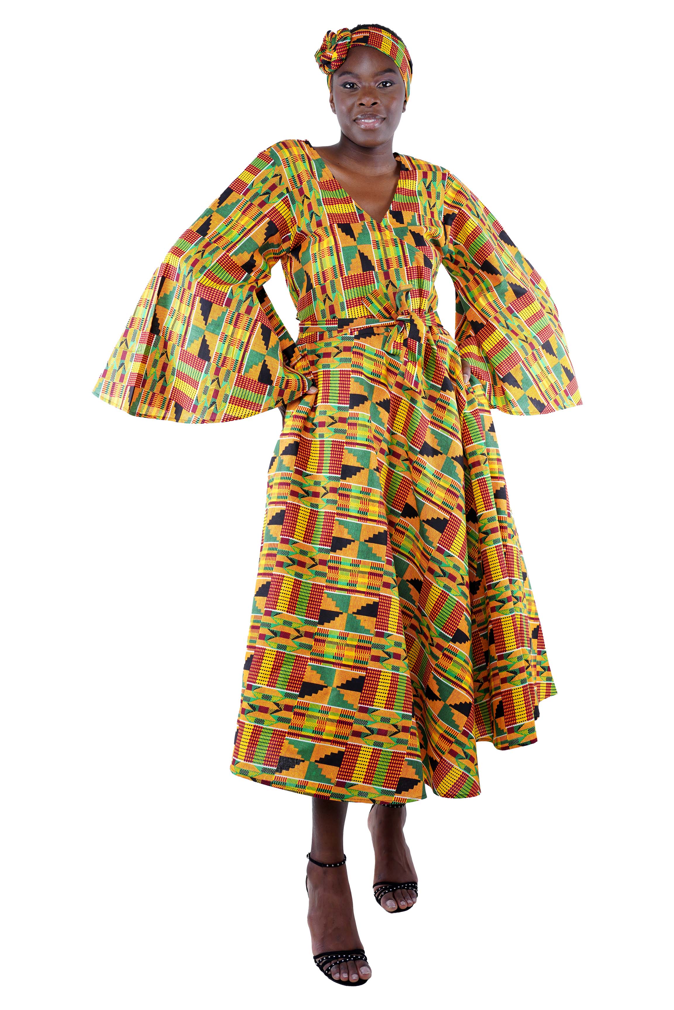 African long wrap dress with pockets and matching headwrap
Afrocentric cotton wrap dress with tribal print
African attire for women – ankara wrap dress
African dresses for women