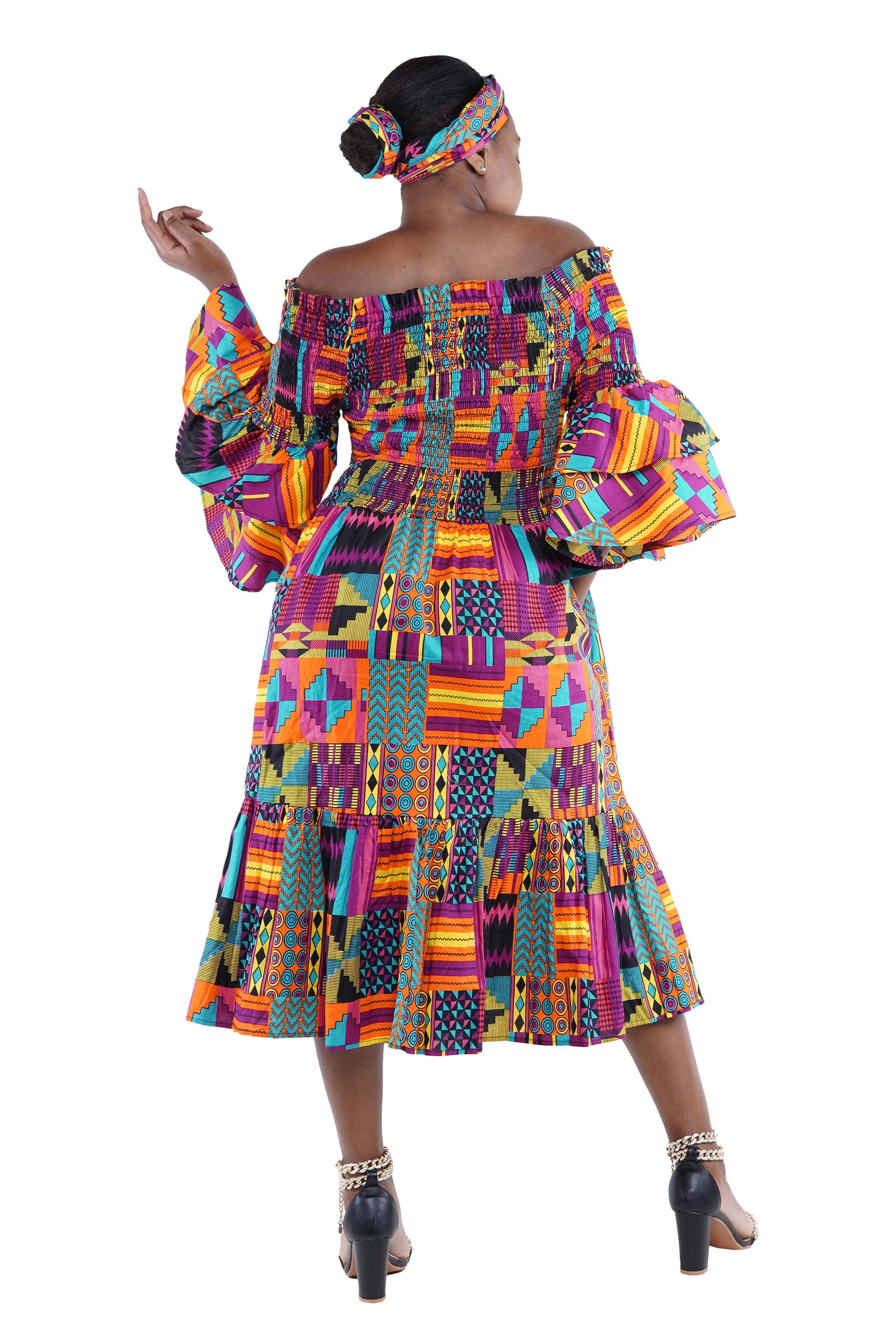 Ankara Midi Frill Neck Smoked Dress