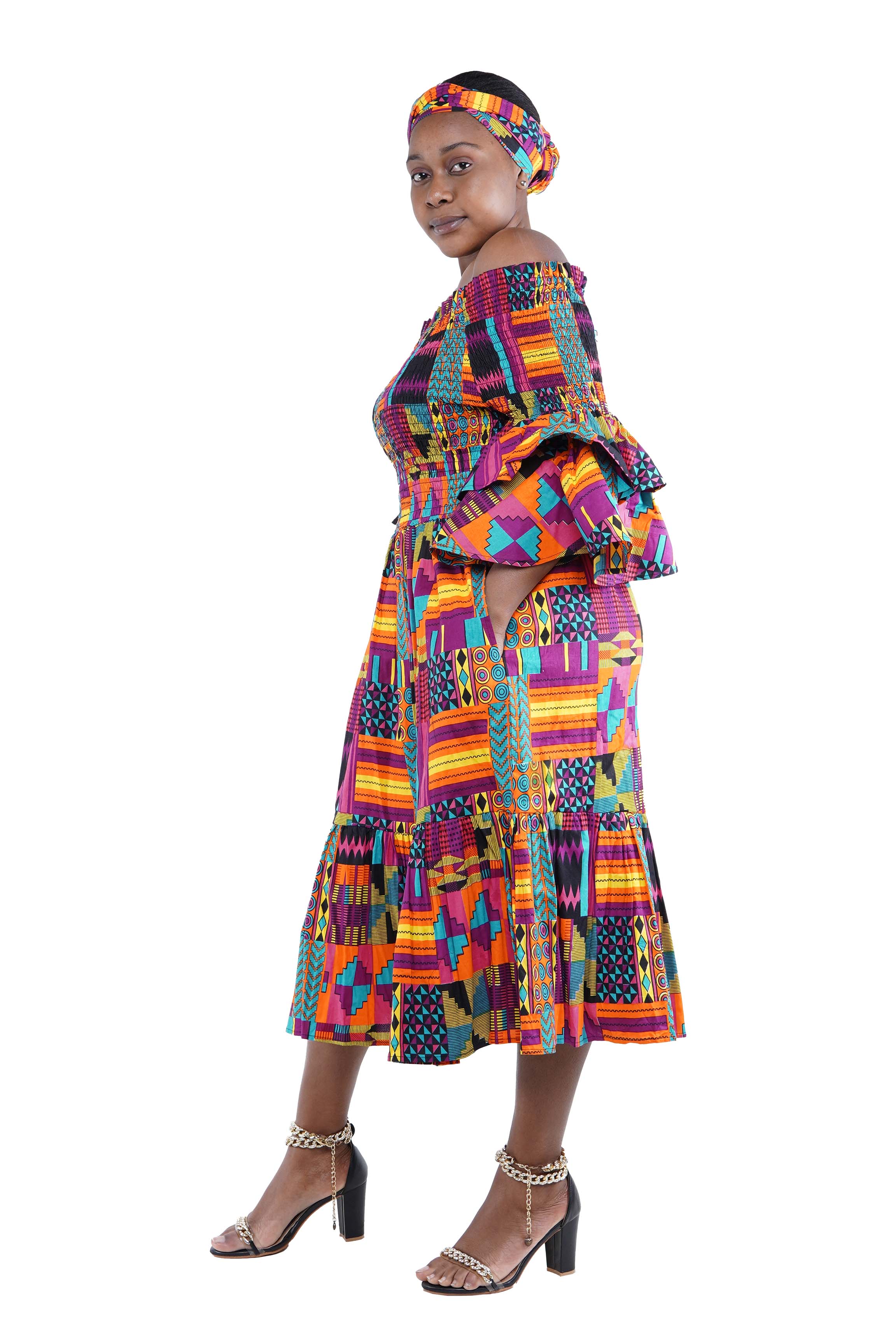 Ankara Midi Frill Neck Smoked Dress