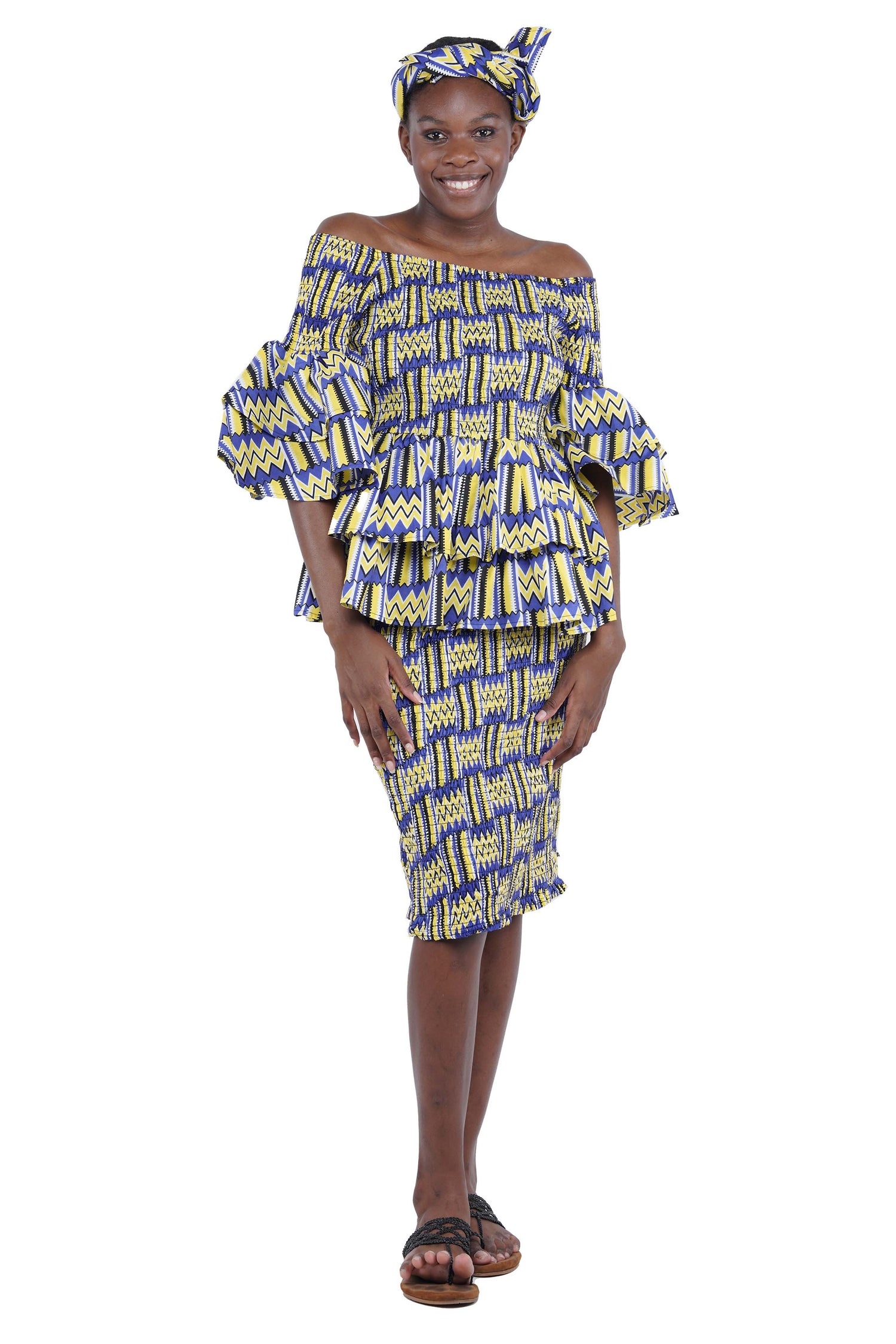 African Smocked Blouse Skirt Set w/ Head Wrap | Ankara Dashiki Print Dress Attire, One Size