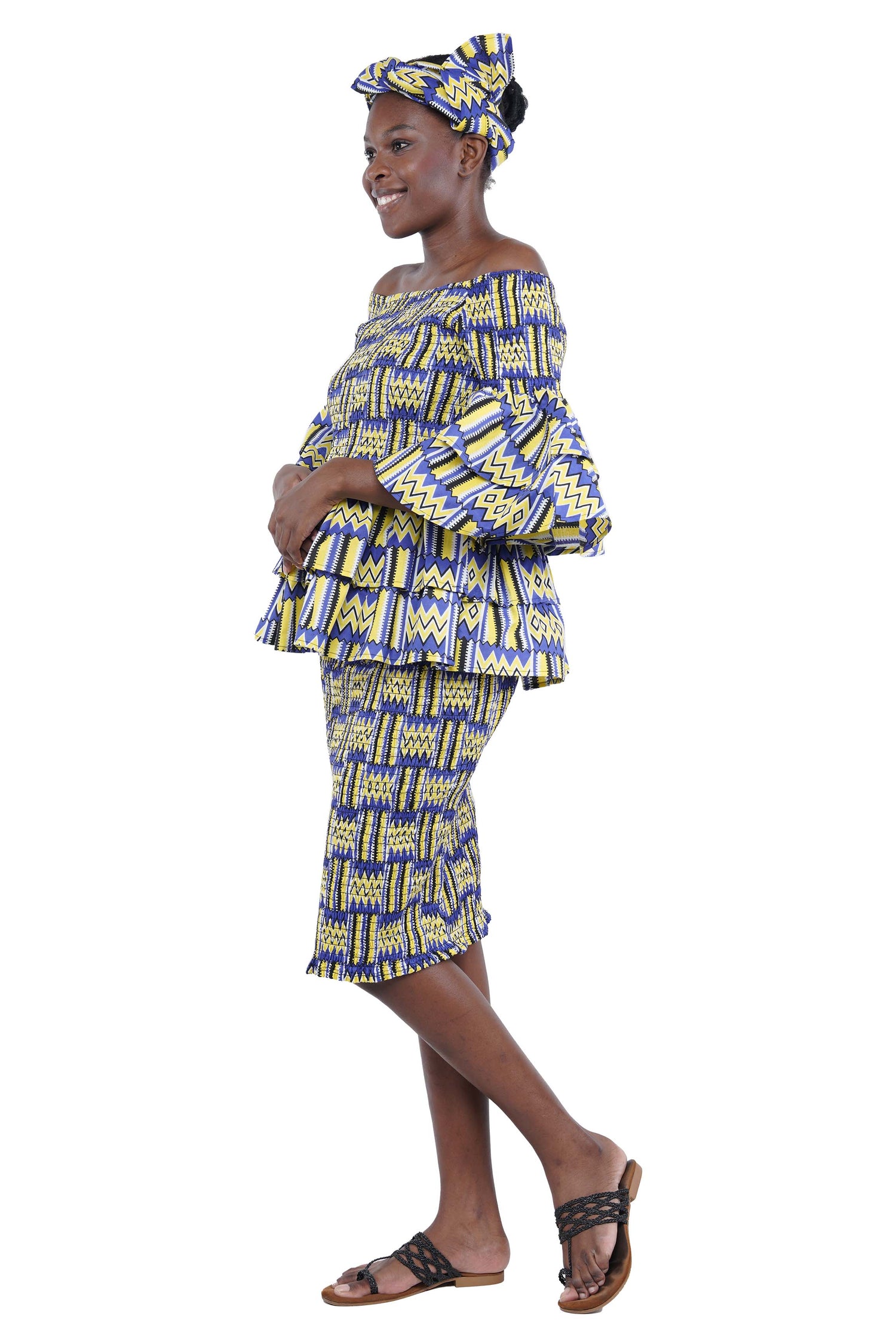 African Smocked Blouse Skirt Set w/ Head Wrap | Ankara Dashiki Print Dress Attire, One Size