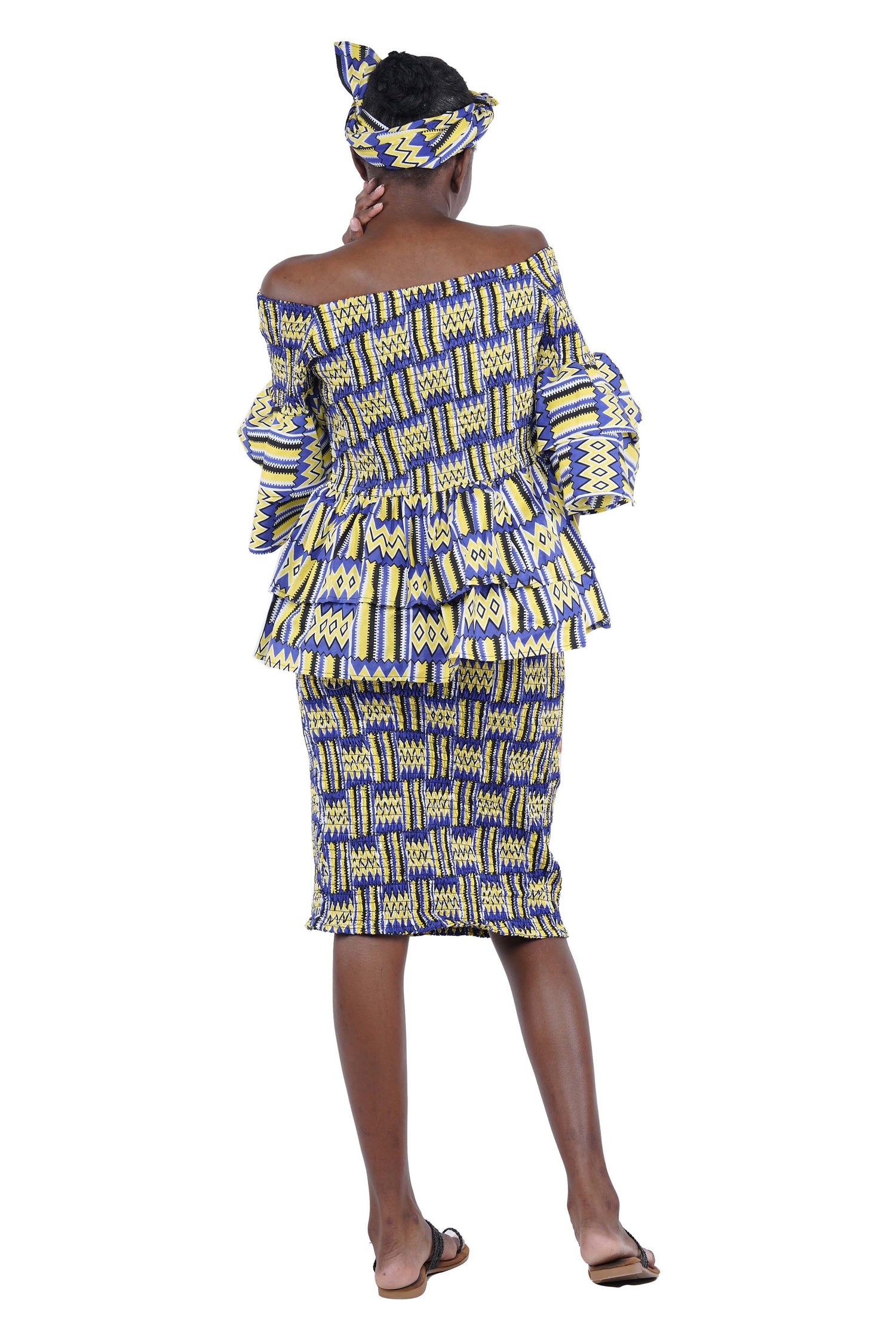 African Smocked Blouse Skirt Set w/ Head Wrap | Ankara Dashiki Print Dress Attire, One Size