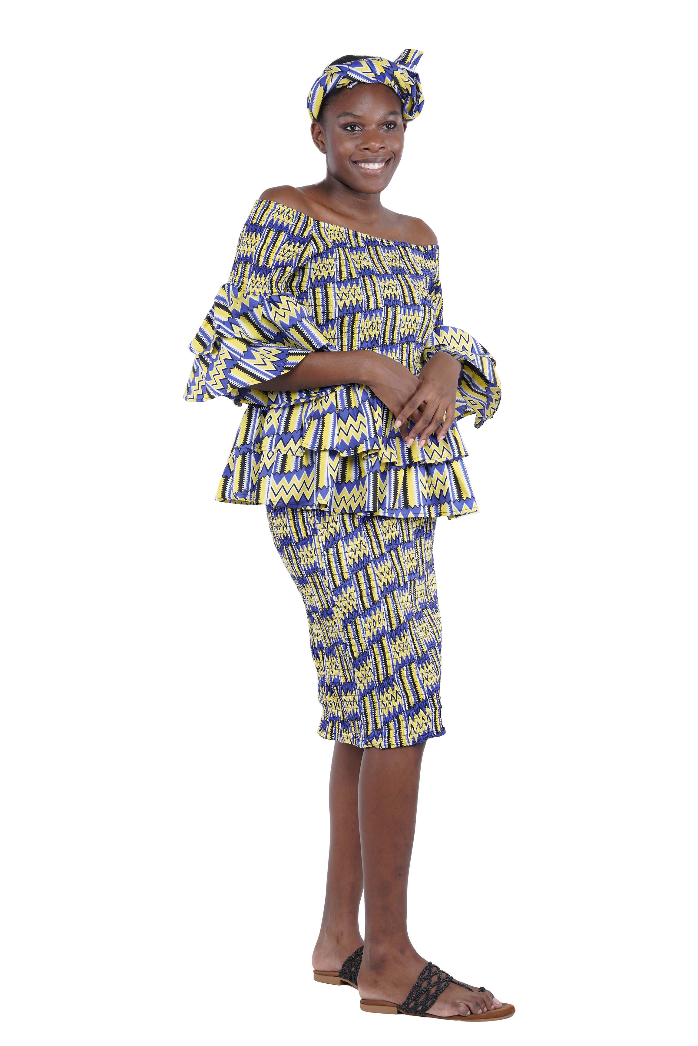 African Smocked Blouse Skirt Set w/ Head Wrap | Ankara Dashiki Print Dress Attire, One Size