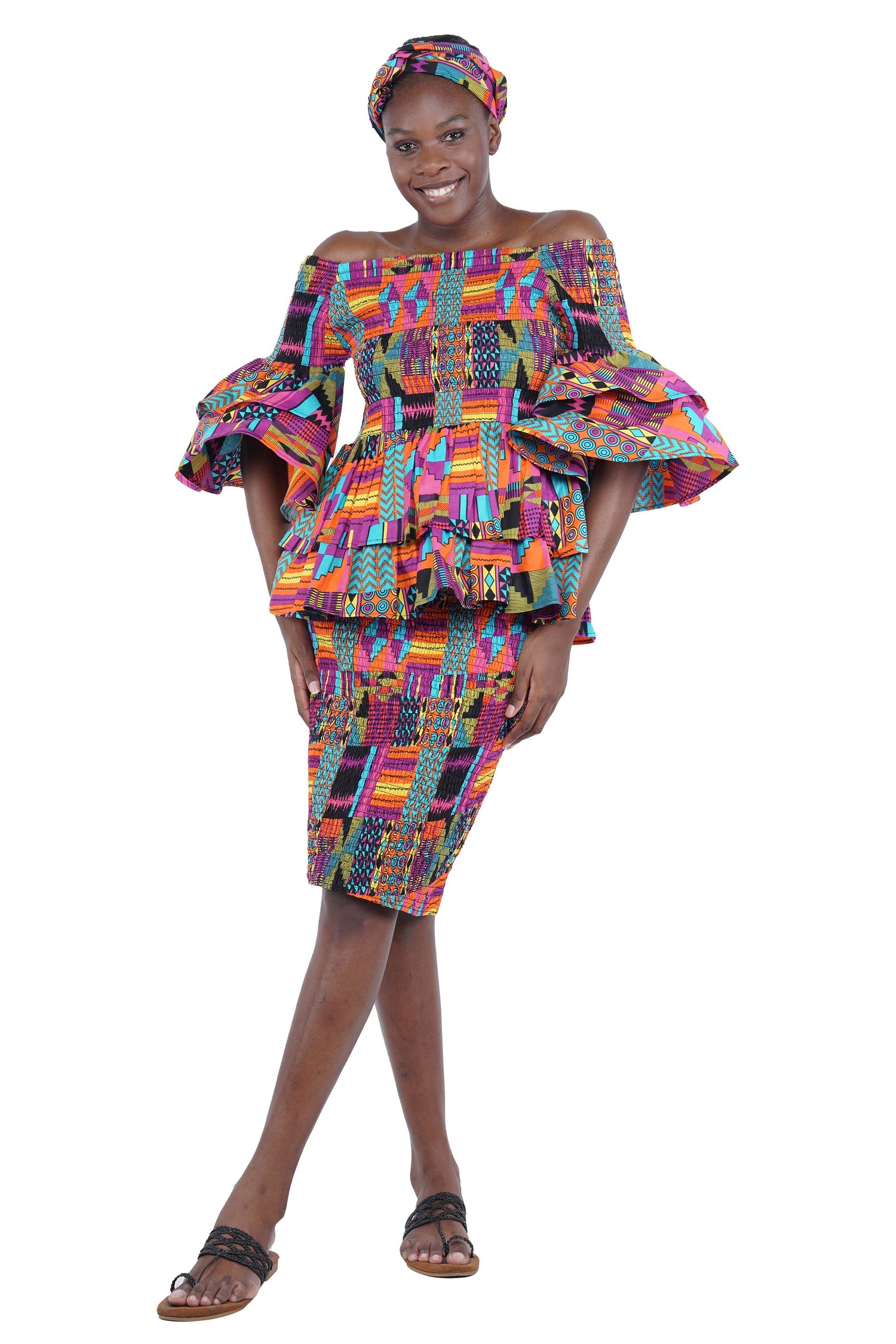 African Smocked Blouse & Skirt Set w/ Head Wrap | Ankara Dashiki Print Dress Attire, One Size