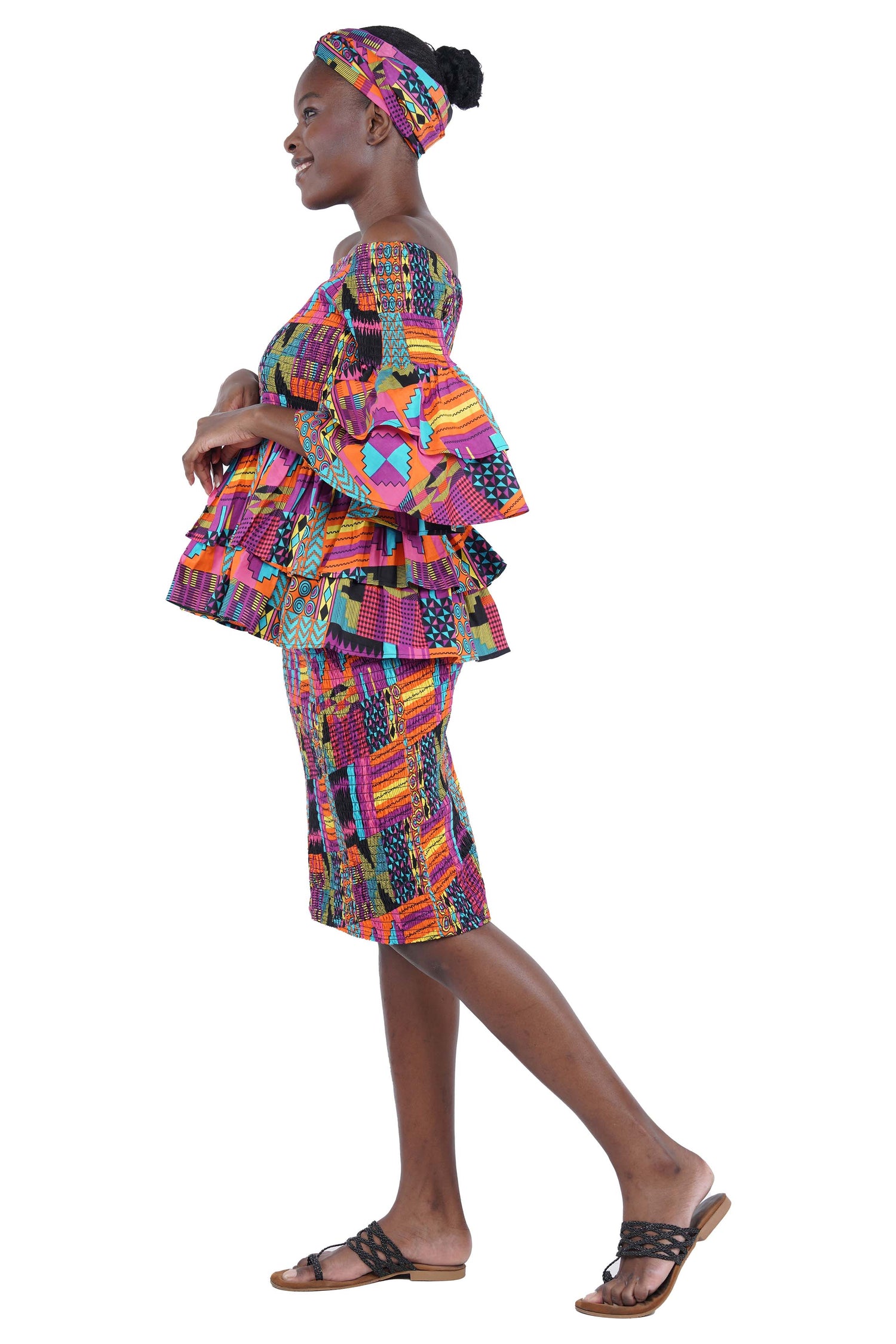 African Smocked Blouse & Skirt Set w/ Head Wrap | Ankara Dashiki Print Dress Attire, One Size