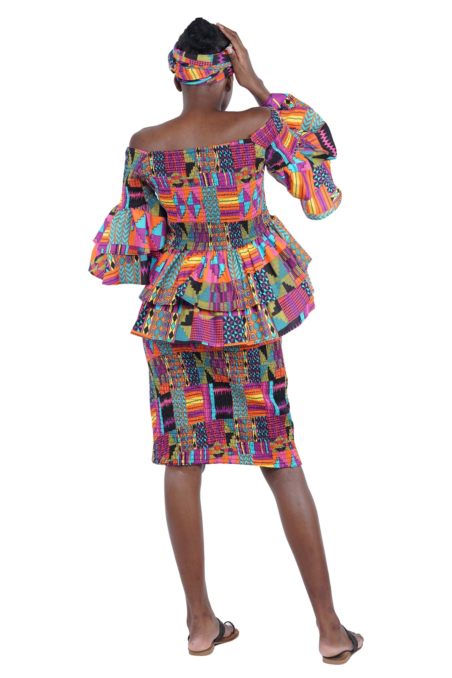 African Smocked Blouse & Skirt Set w/ Head Wrap | Ankara Dashiki Print Dress Attire, One Size