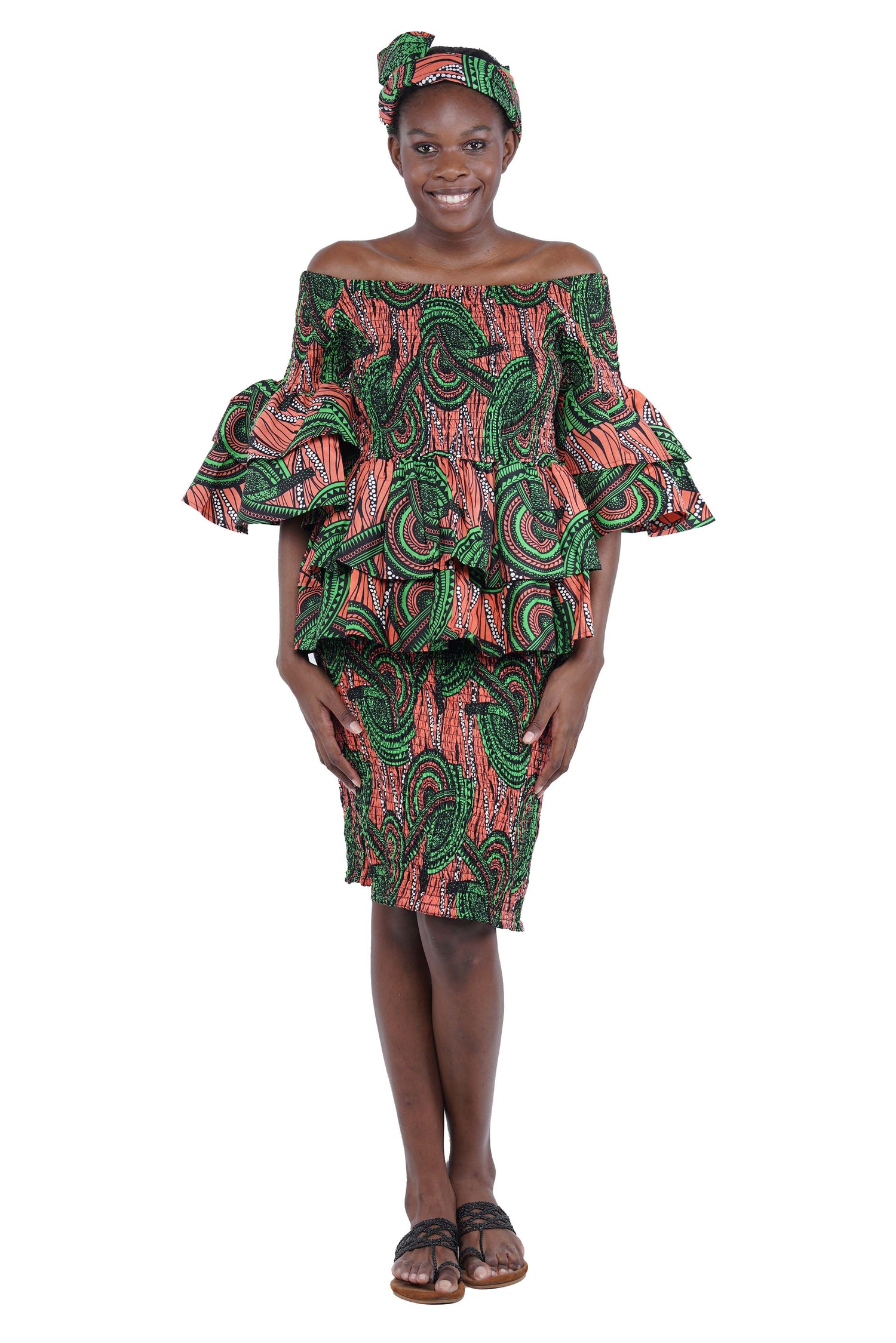 African Smocked Blouse & Skirt Set w/ Head Wrap | Ankara Dashiki Print Dress Attire, One Size