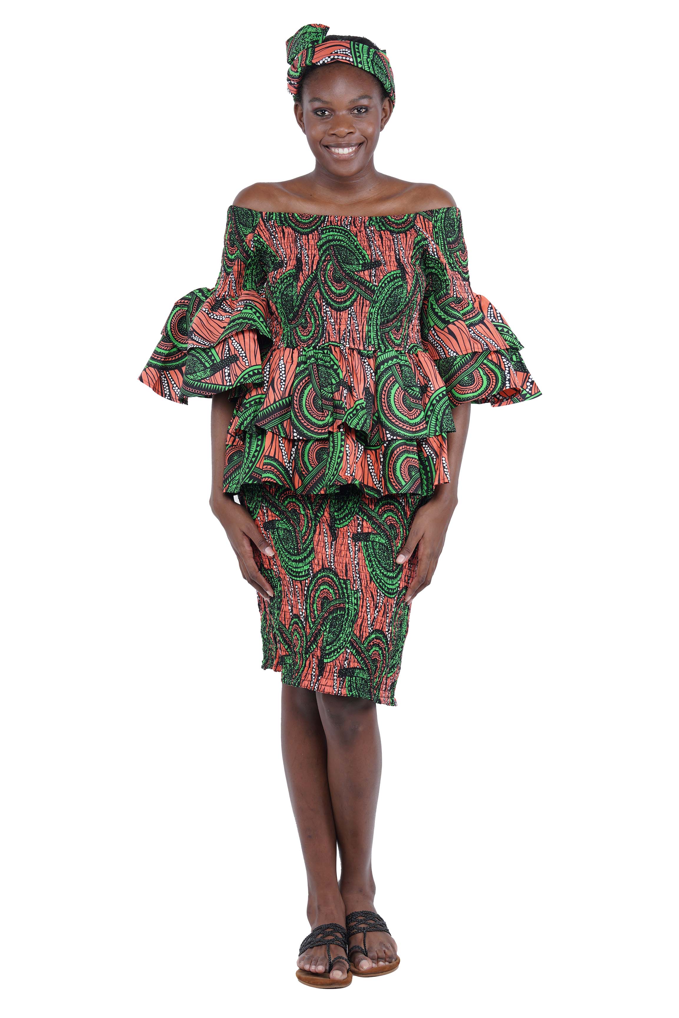 African Smocked Blouse & Skirt Set w/ Head Wrap | Ankara Dashiki Print Dress Attire, One Size