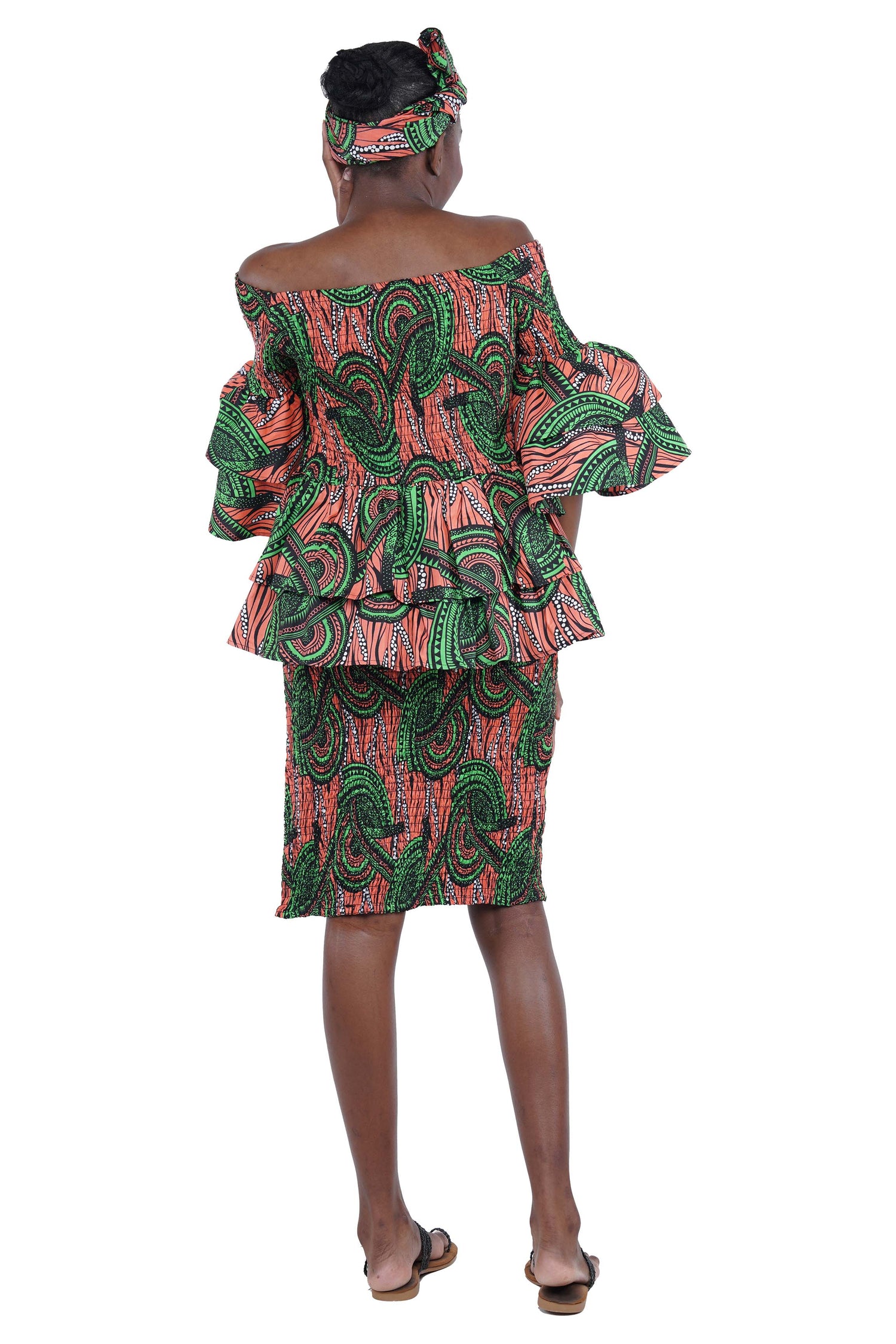 African Smocked Blouse & Skirt Set w/ Head Wrap | Ankara Dashiki Print Dress Attire, One Size