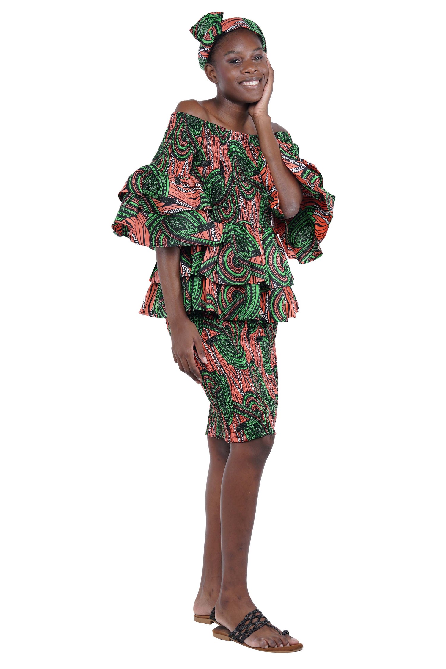 African Smocked Blouse & Skirt Set w/ Head Wrap | Ankara Dashiki Print Dress Attire, One Size